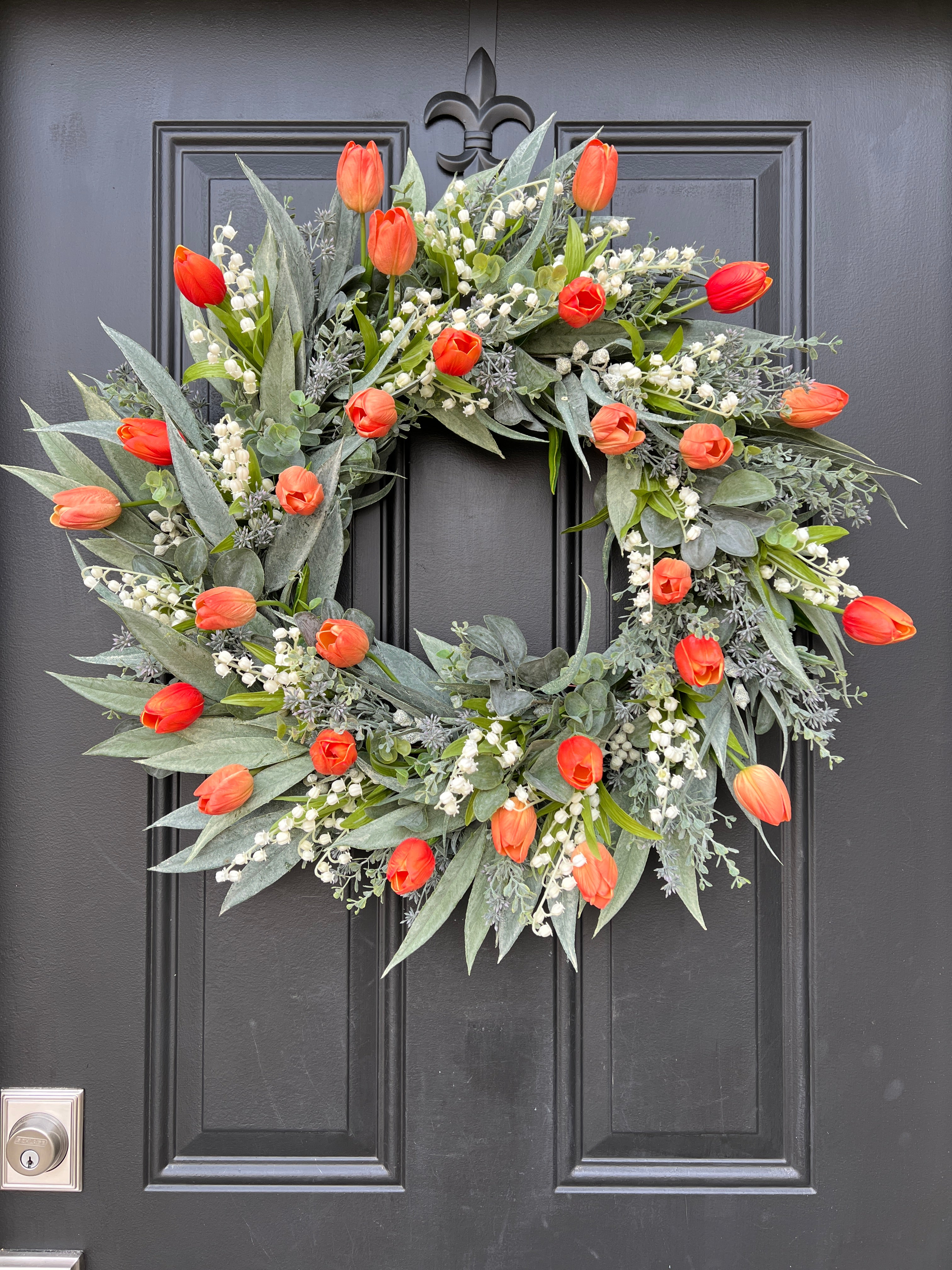 Orange Tulip Wreath for Front Door, Natural Touch Tulip Bouquet, Gifts for Sweetheart