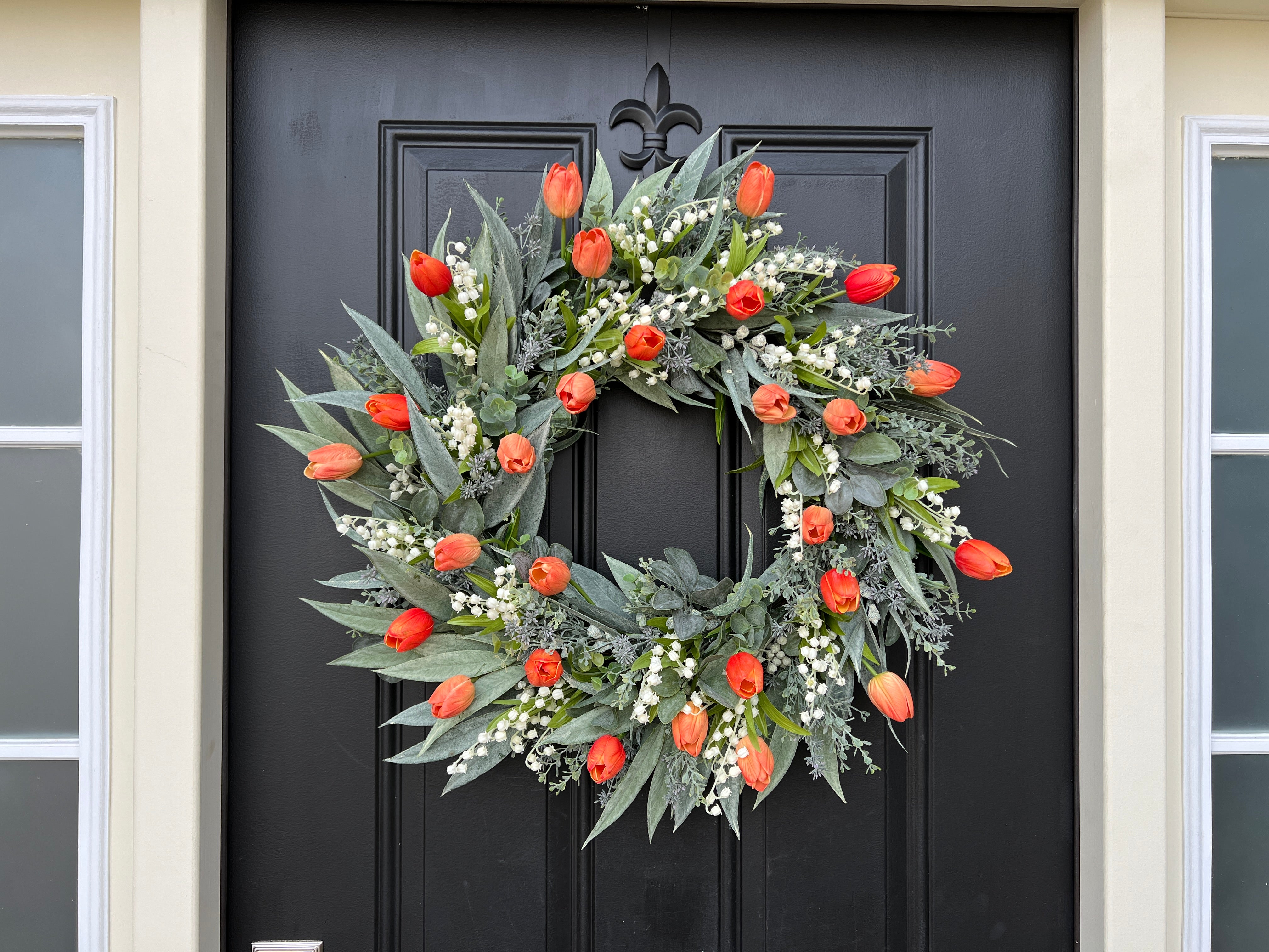 Orange Tulip Wreath for Front Door, Natural Touch Tulip Bouquet, Gifts for Sweetheart