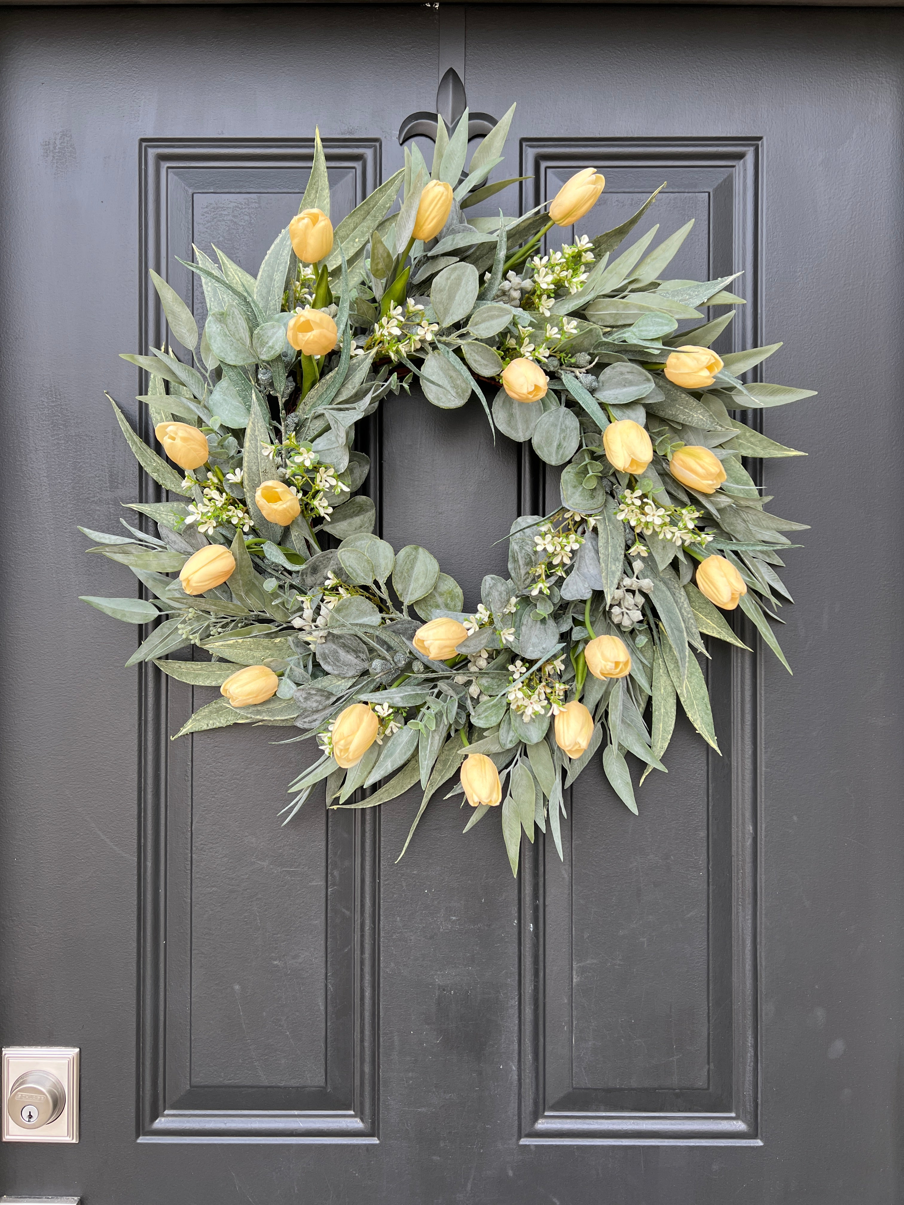 Yellow Tulip Wreath for Spring & Easter, Natural Touch Tulip Door Decor