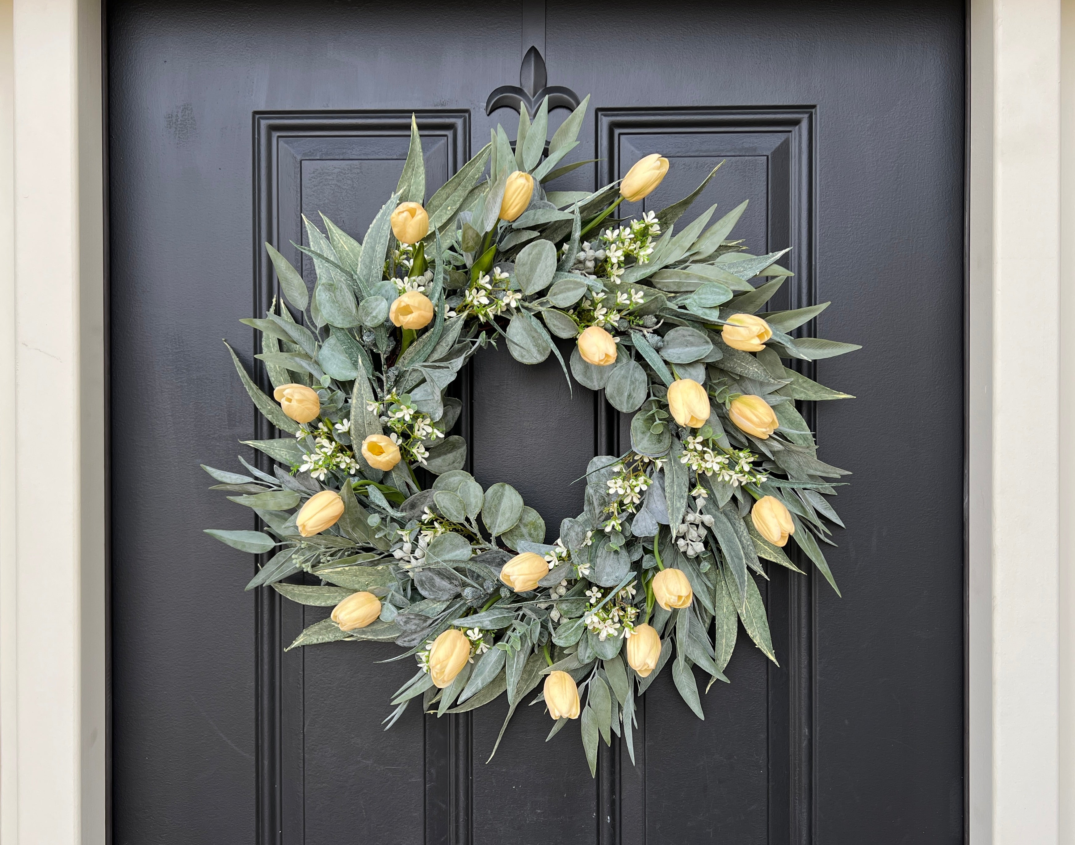 Yellow Tulip Wreath for Spring & Easter, Natural Touch Tulip Door Decor