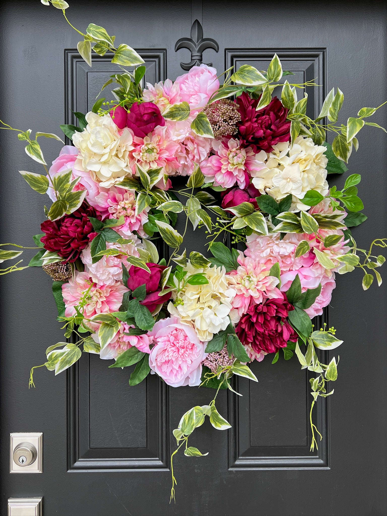 Spring and Summer Wreath for Front Door, English Garden Bouquet Wreath with Ivy