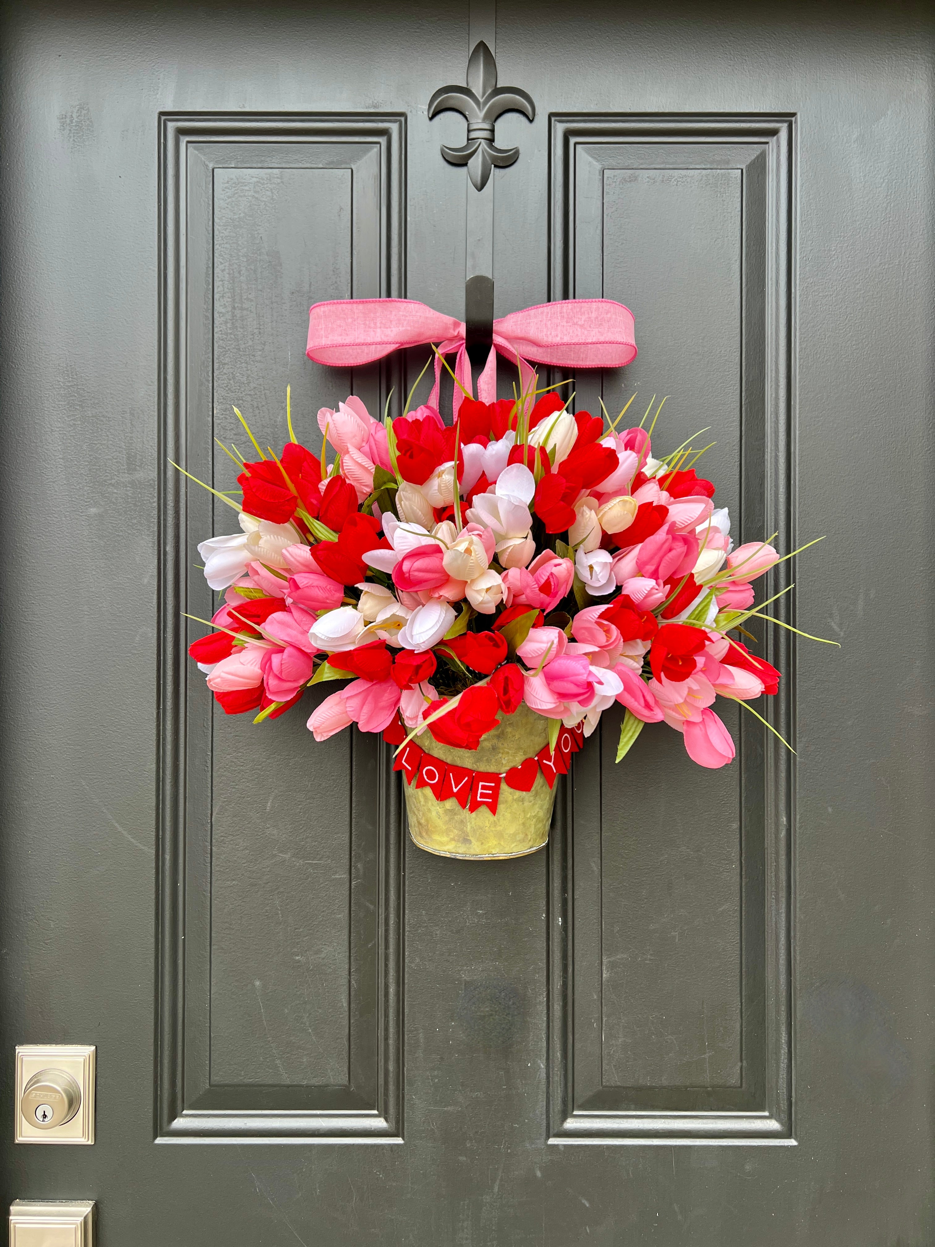 Valentine's Day Red and Pink Tulip Bucket Wreath