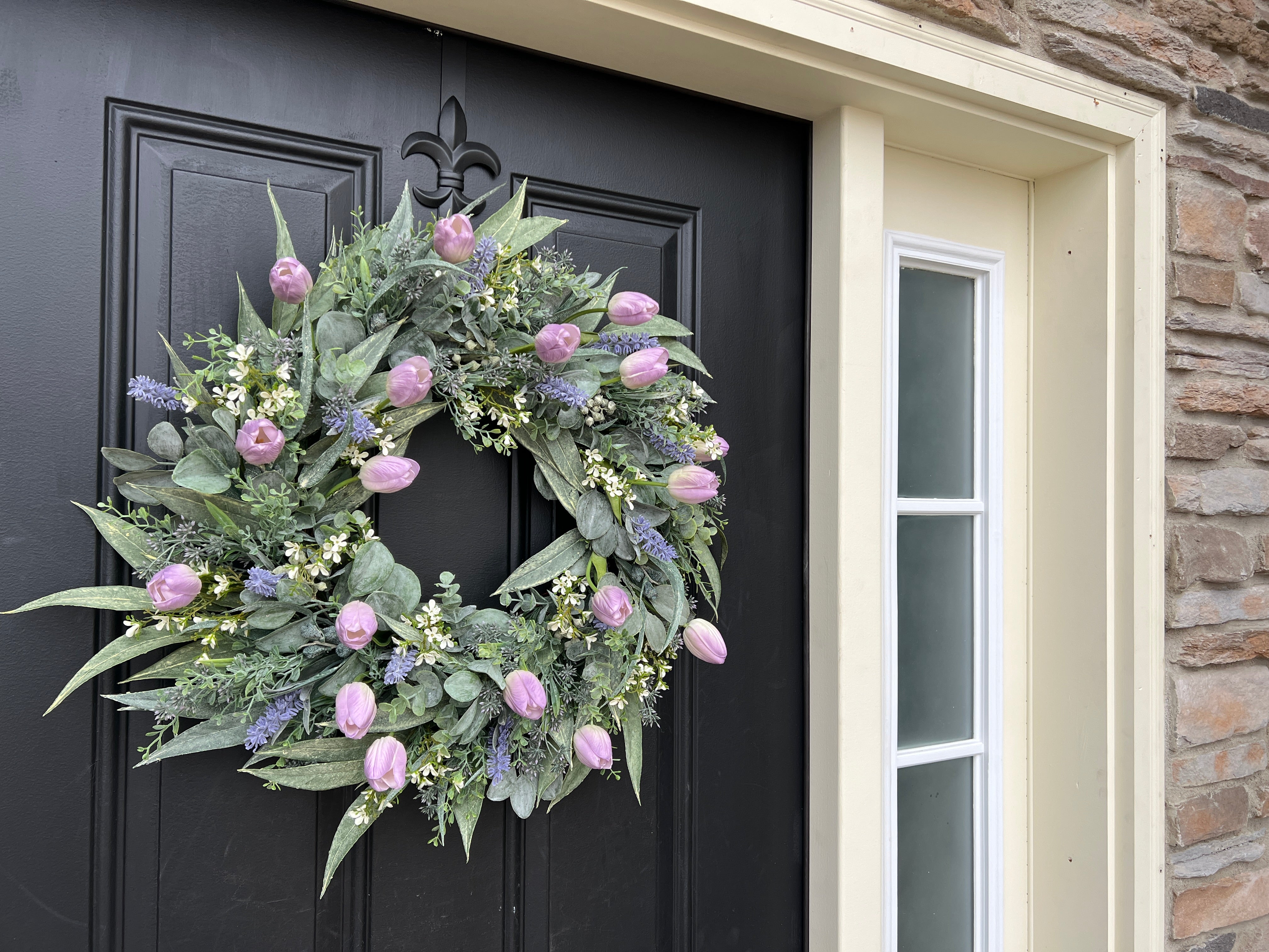 Purple Tulip Wreath for Front Door, Spring Tulips for Porch, Decor with Lavender