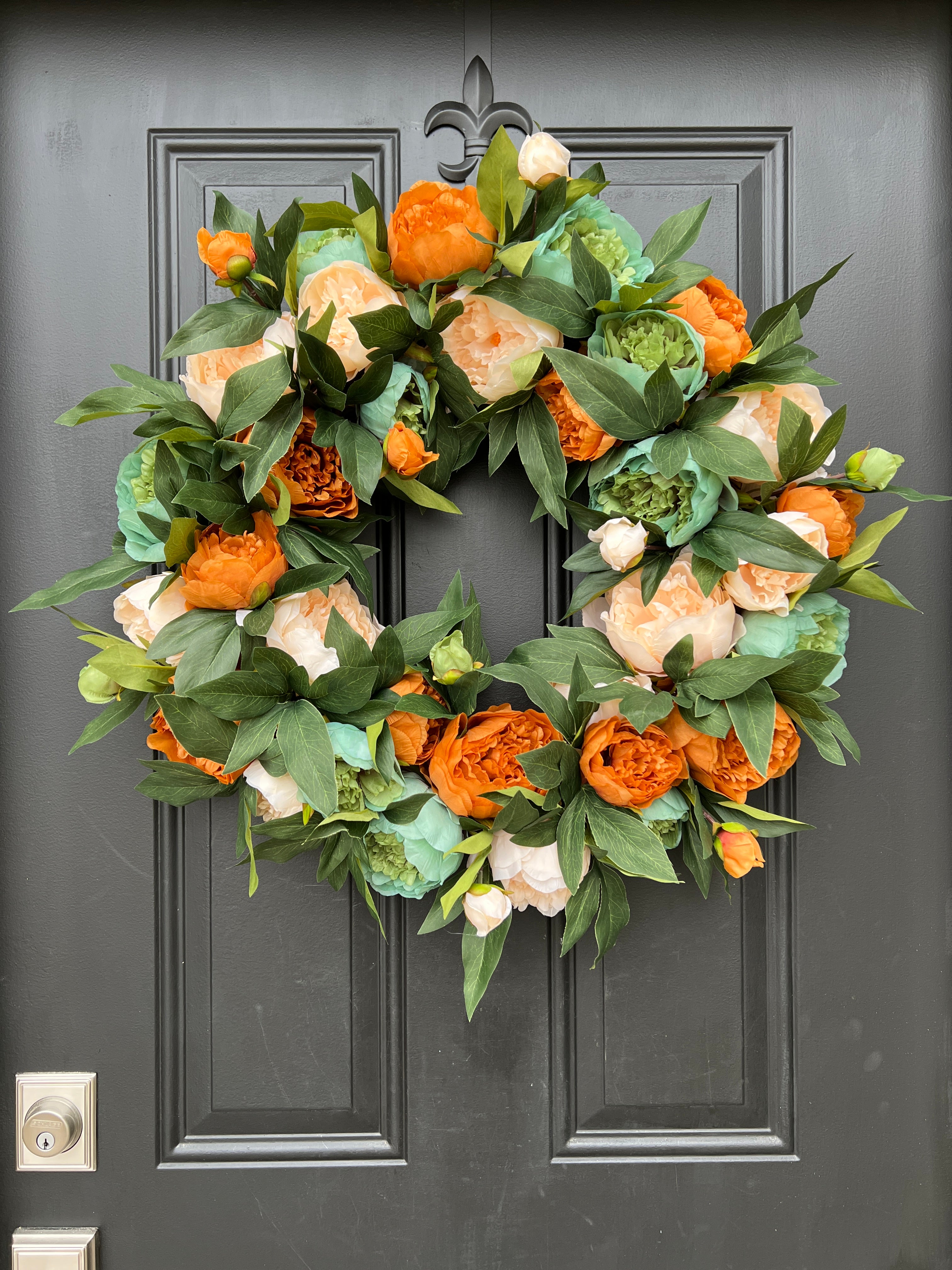 Peony Spring Wreaths for Outside Front Door, 24" Year-Round Peony Door Hanger