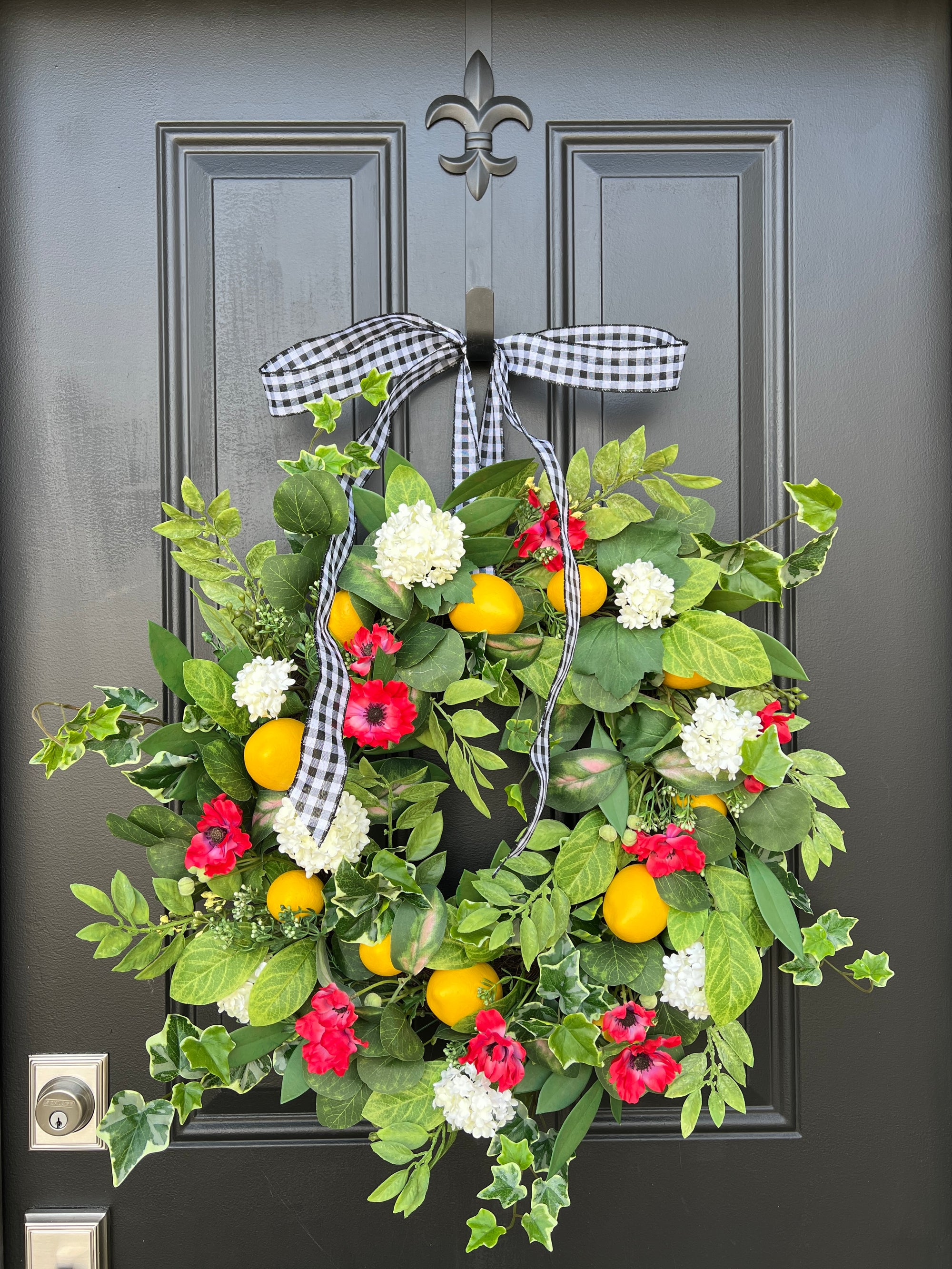 Cheerful Spring and Summer Lemon Wreath with Red Flowers and Greenery