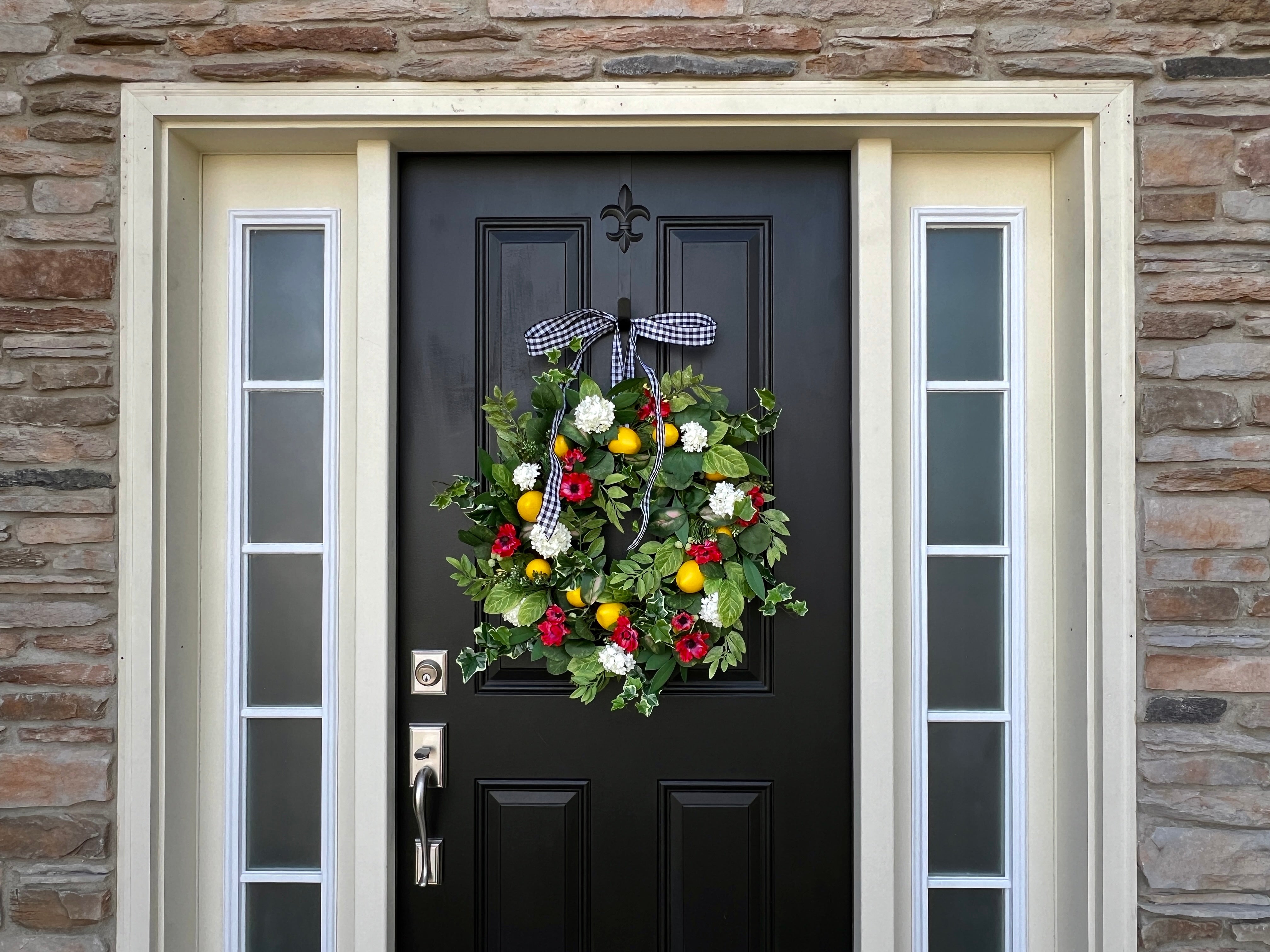 Cheerful Spring and Summer Lemon Wreath with Red Flowers and Greenery