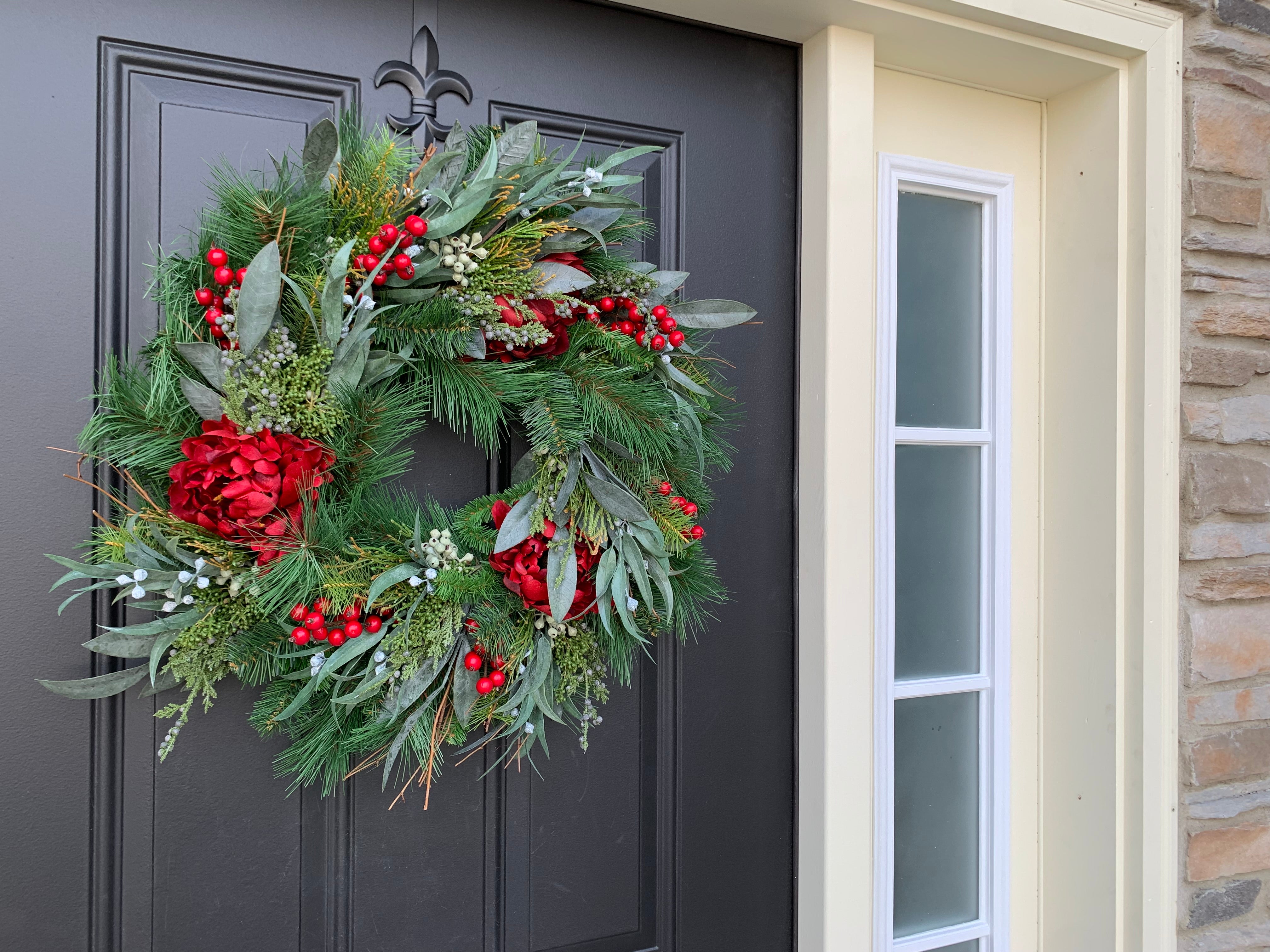 Red Peony & Eucalyptus Winter Wreath – Elegant Holiday Door Decor