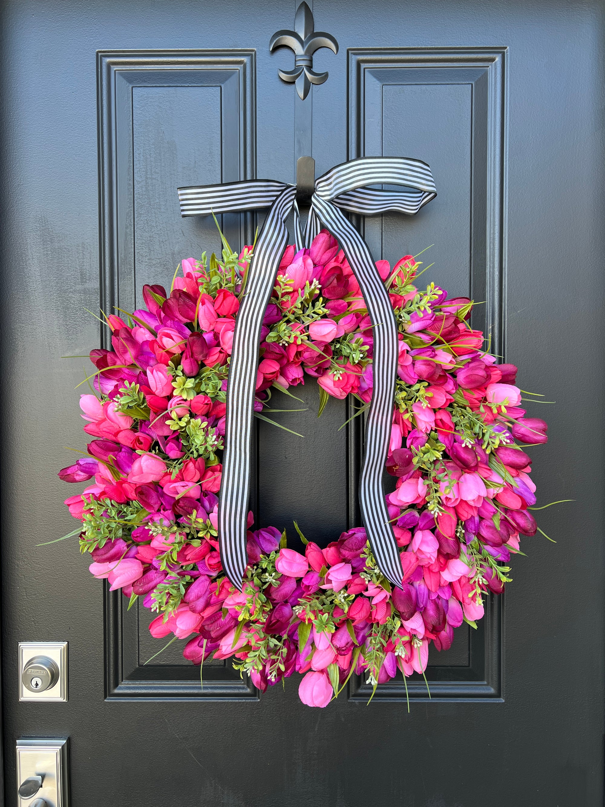 Razzleberry Pie Pink and Magenta Spring Tulip Wreath with Boxwood, Best Mother's Day Gifts