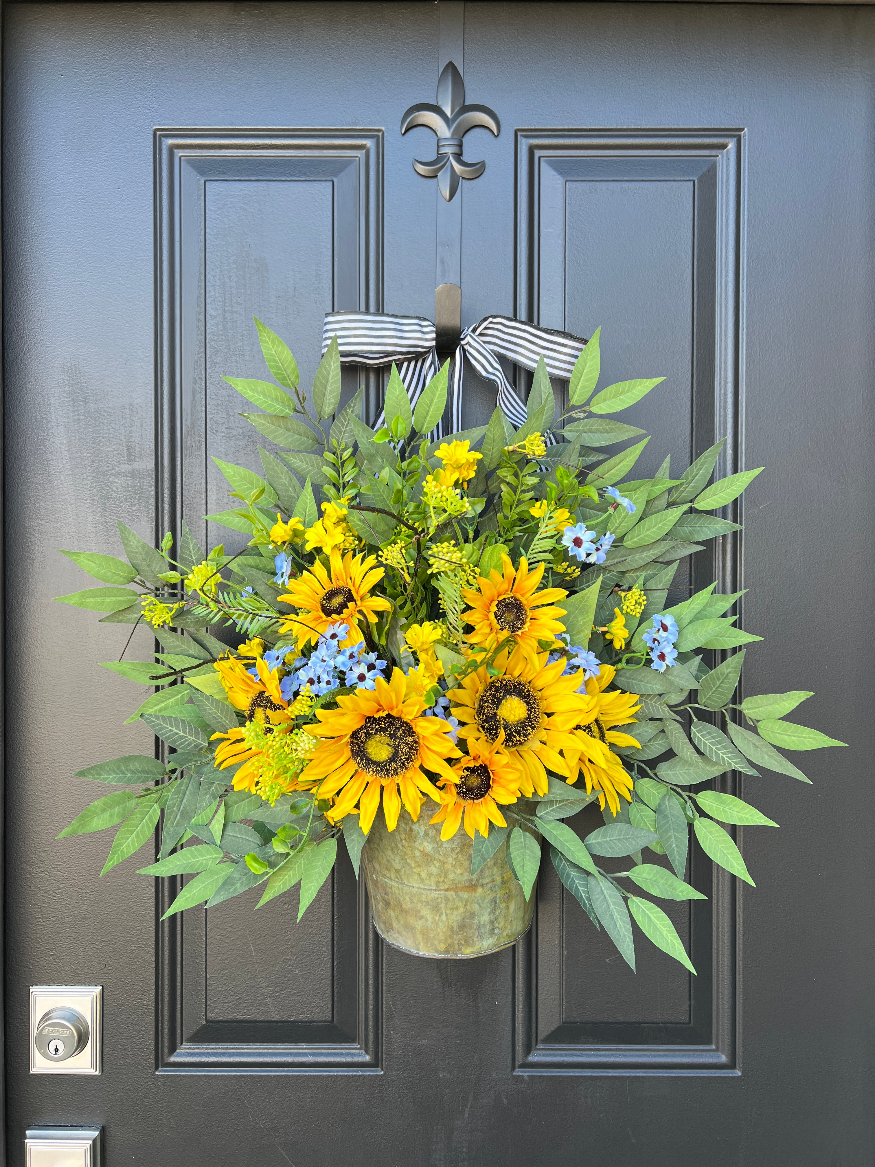 Summer Sunflower and Forget-Me-Not Garden Bucket Wreath