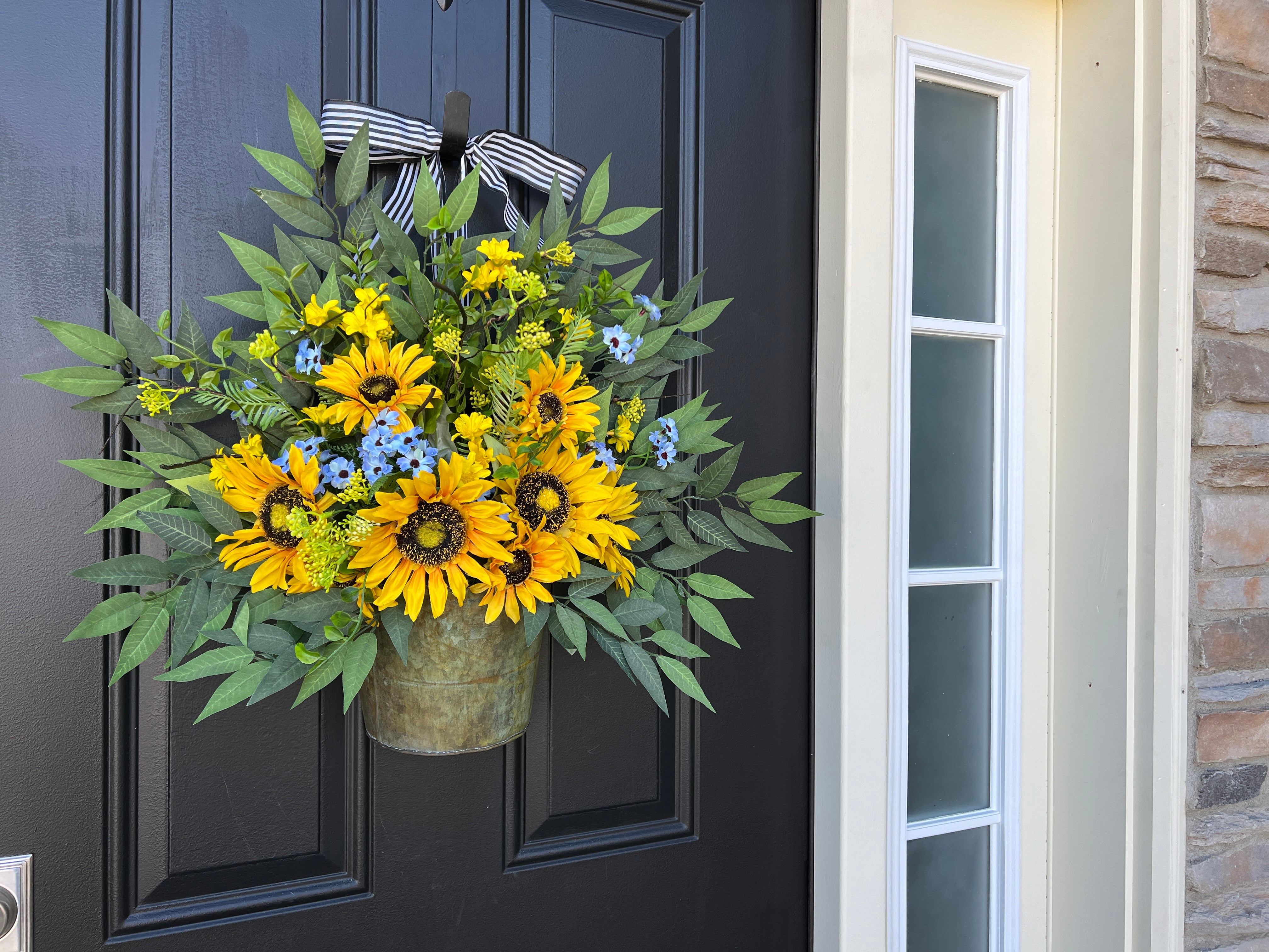 Summer Sunflower and Forget-Me-Not Garden Bucket Wreath