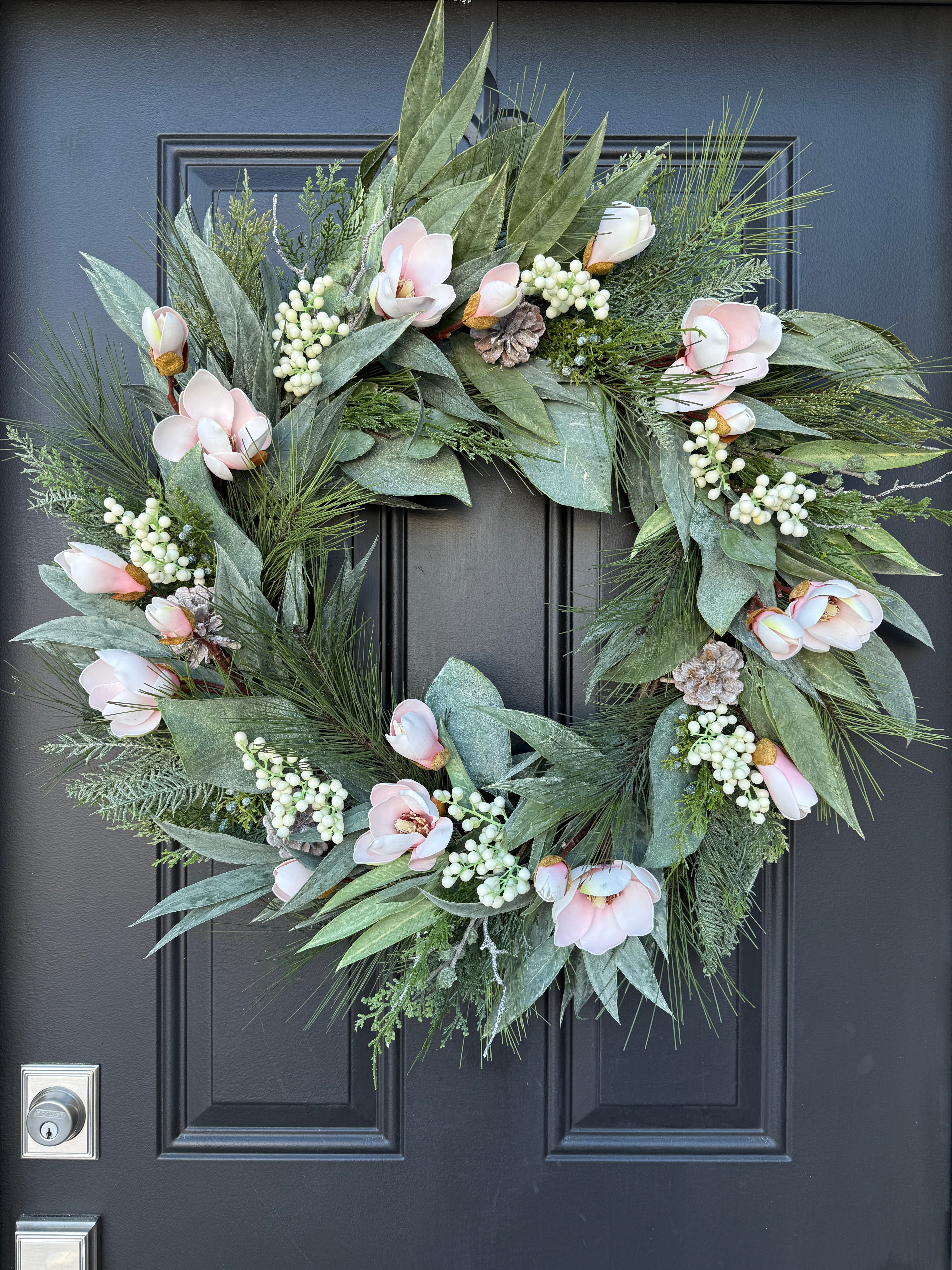 Winter Magnolia Wreath with Pink Magnolia Flowers