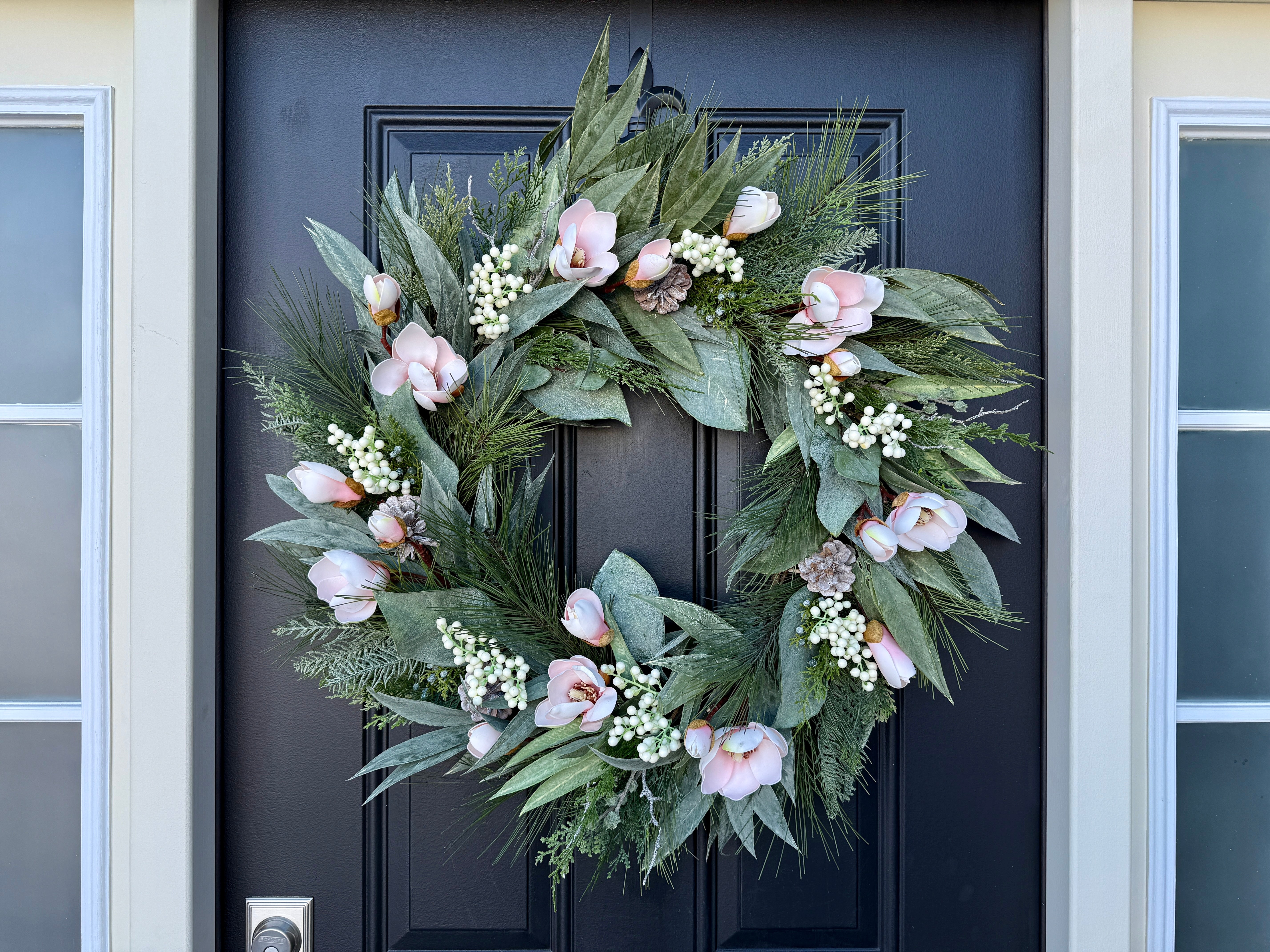 Winter Magnolia Wreath with Pink Magnolia Flowers