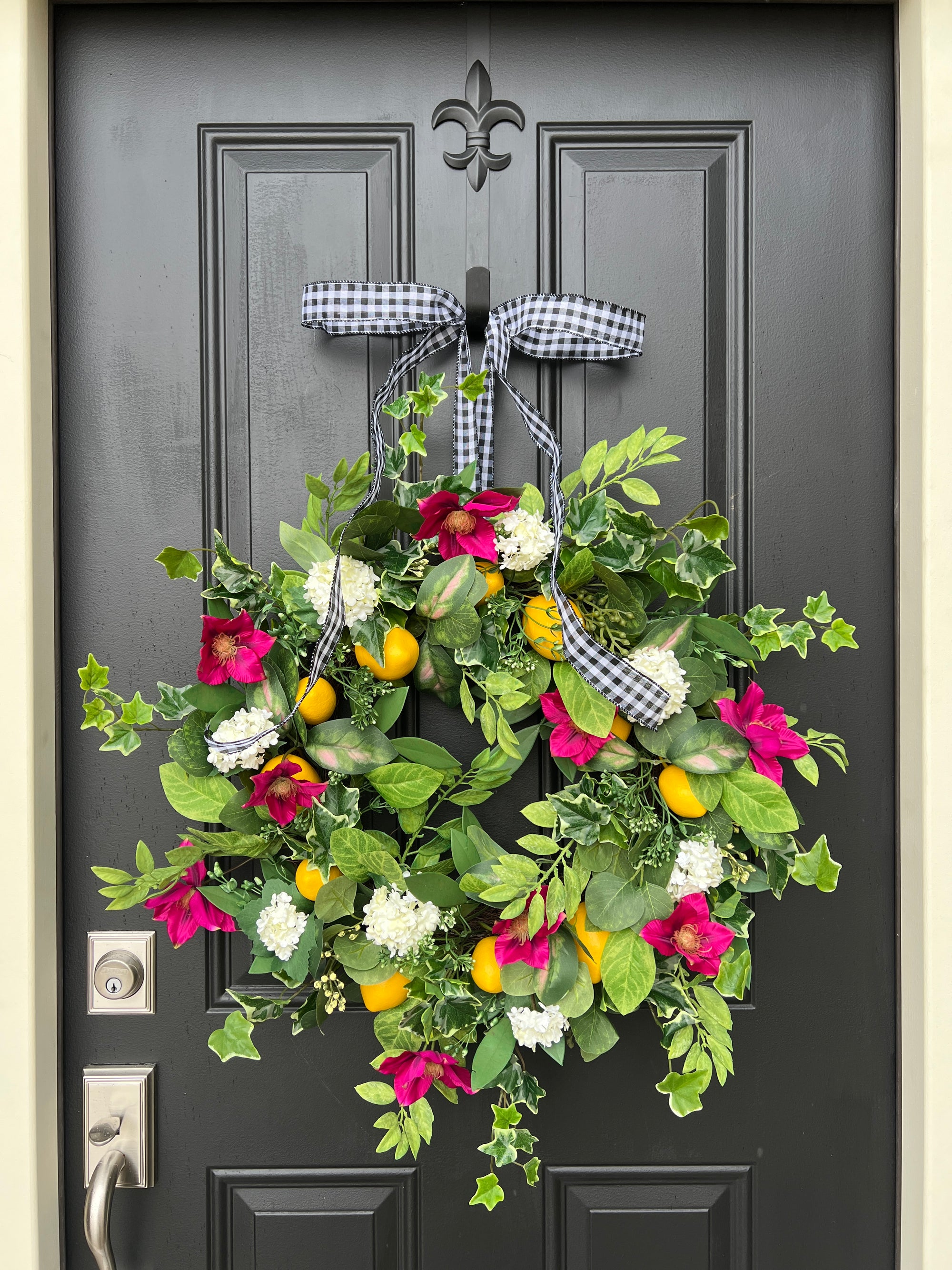Summer Lemon and Magenta Clematis Front Door Wreath, Front Porch Party Decorations