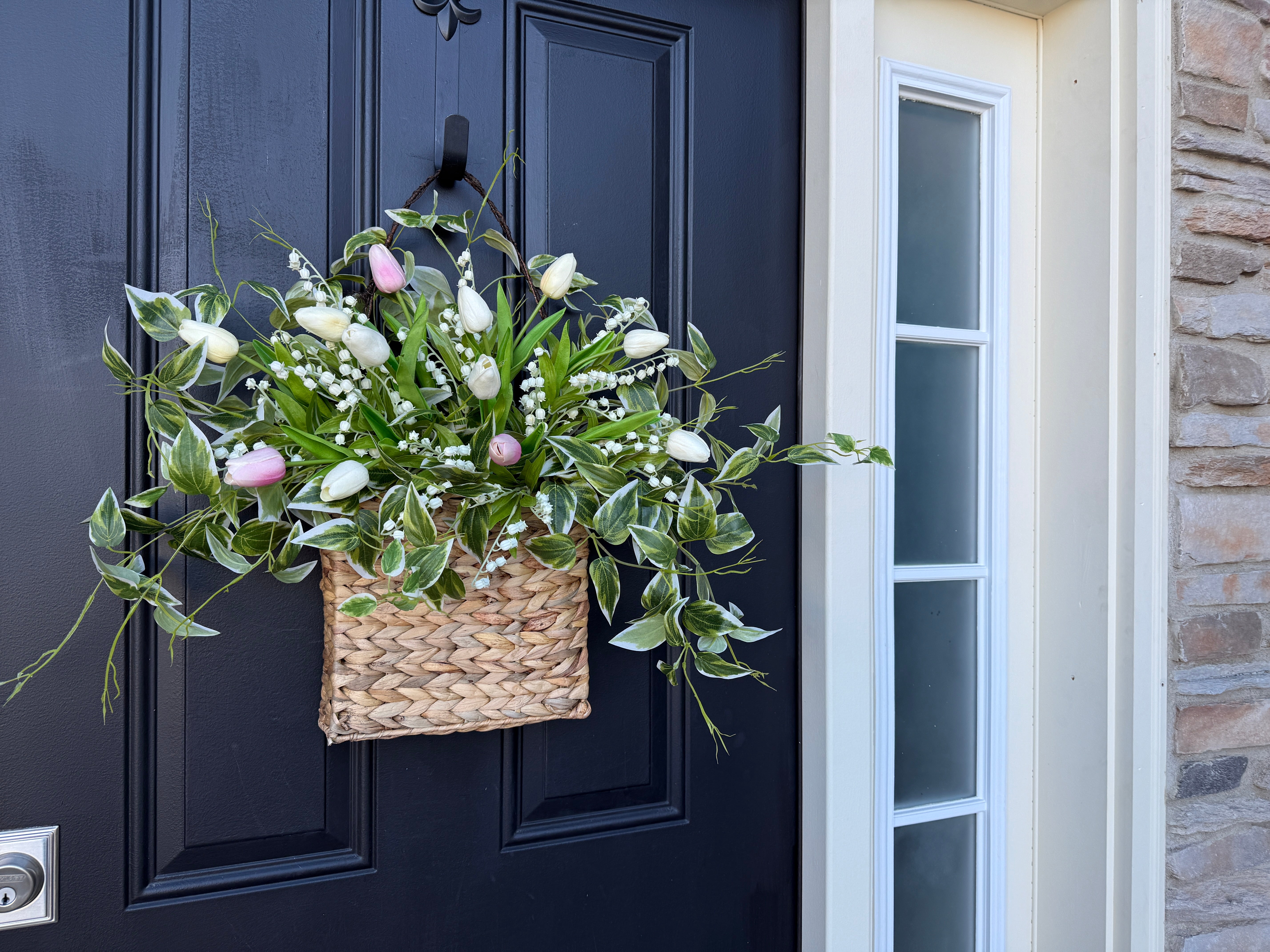 Spring Tulips Basket for Front Door - Tulips and Lily of the Valley Basket Wreath, Cascading Ivy