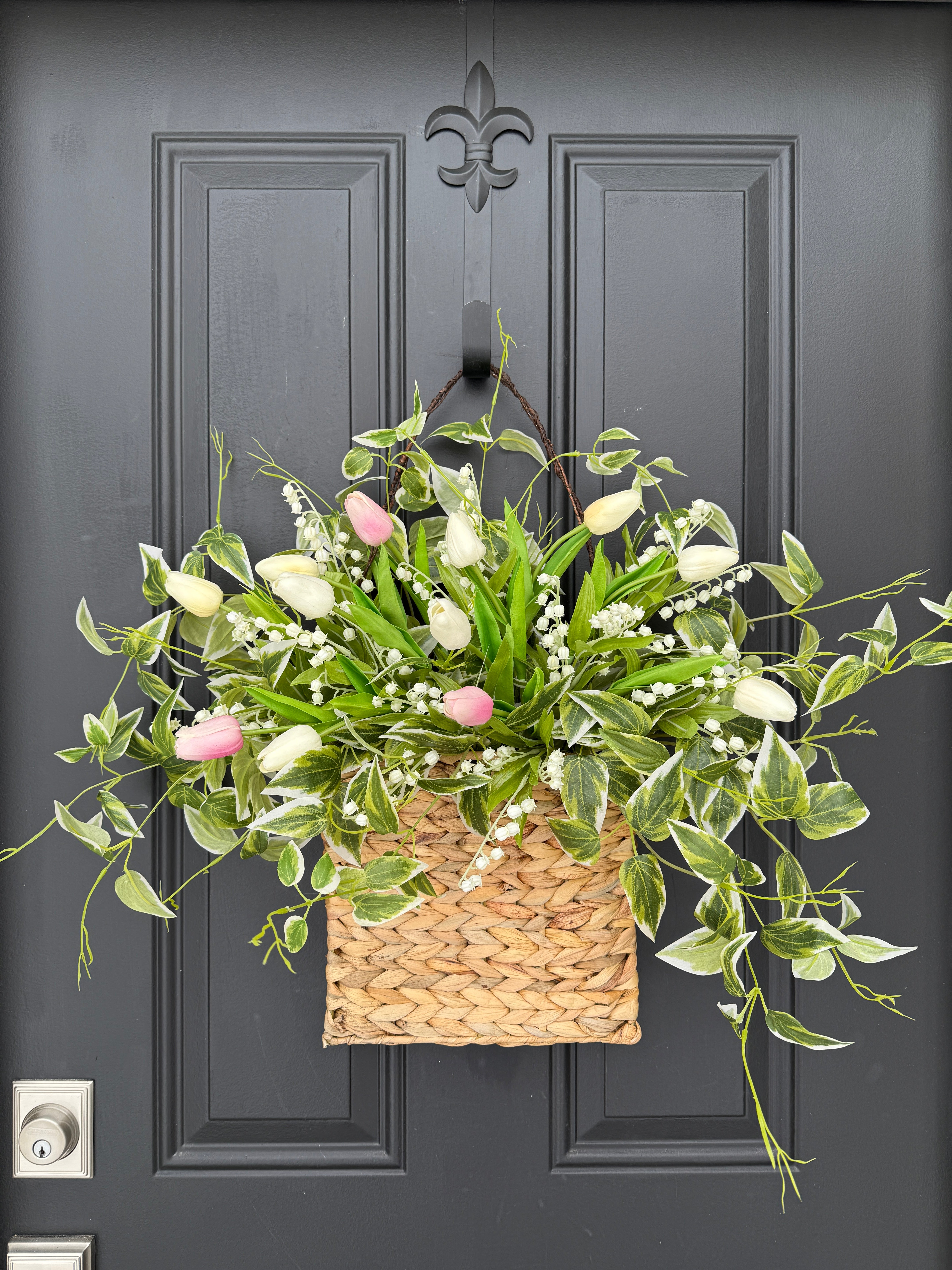 Spring Tulips Basket for Front Door - Tulips and Lily of the Valley Basket Wreath, Cascading Ivy