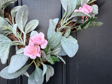Pink Rose and Lamb's Ear Wreath with Red Ribbon