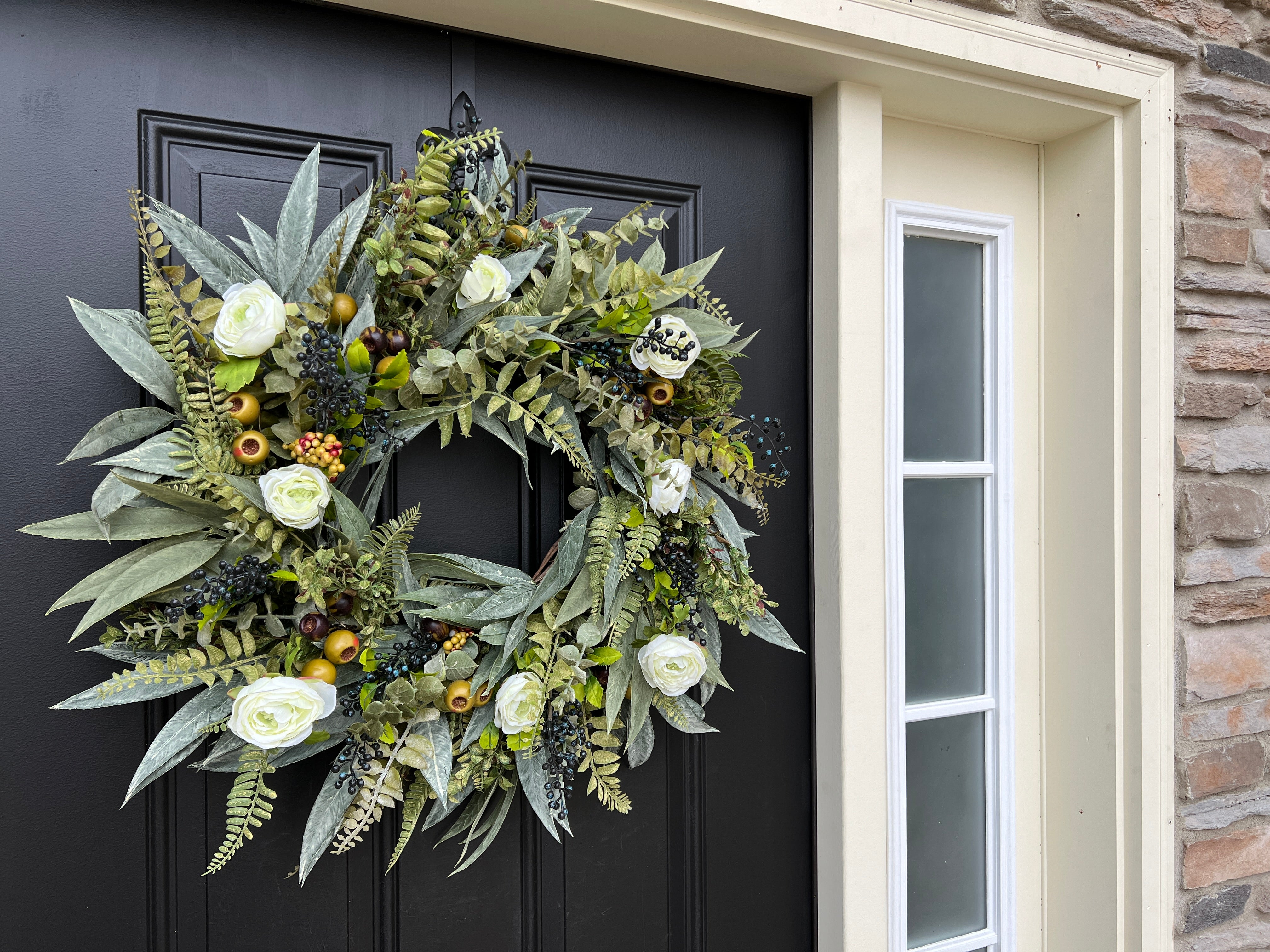 Year Round Bay Leaf, Rosehip and Fern Wreath with White Ranunculus and Blueberries