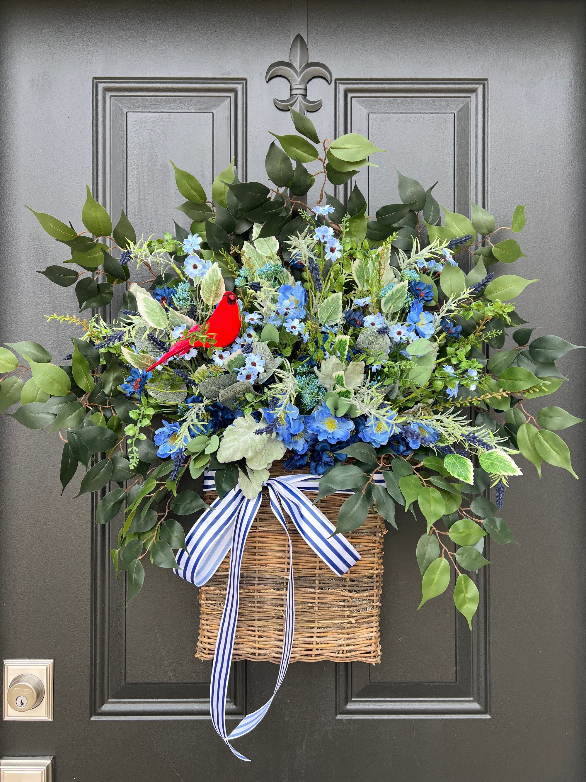Blue Wildflower Basket for Door with Red Cardinal