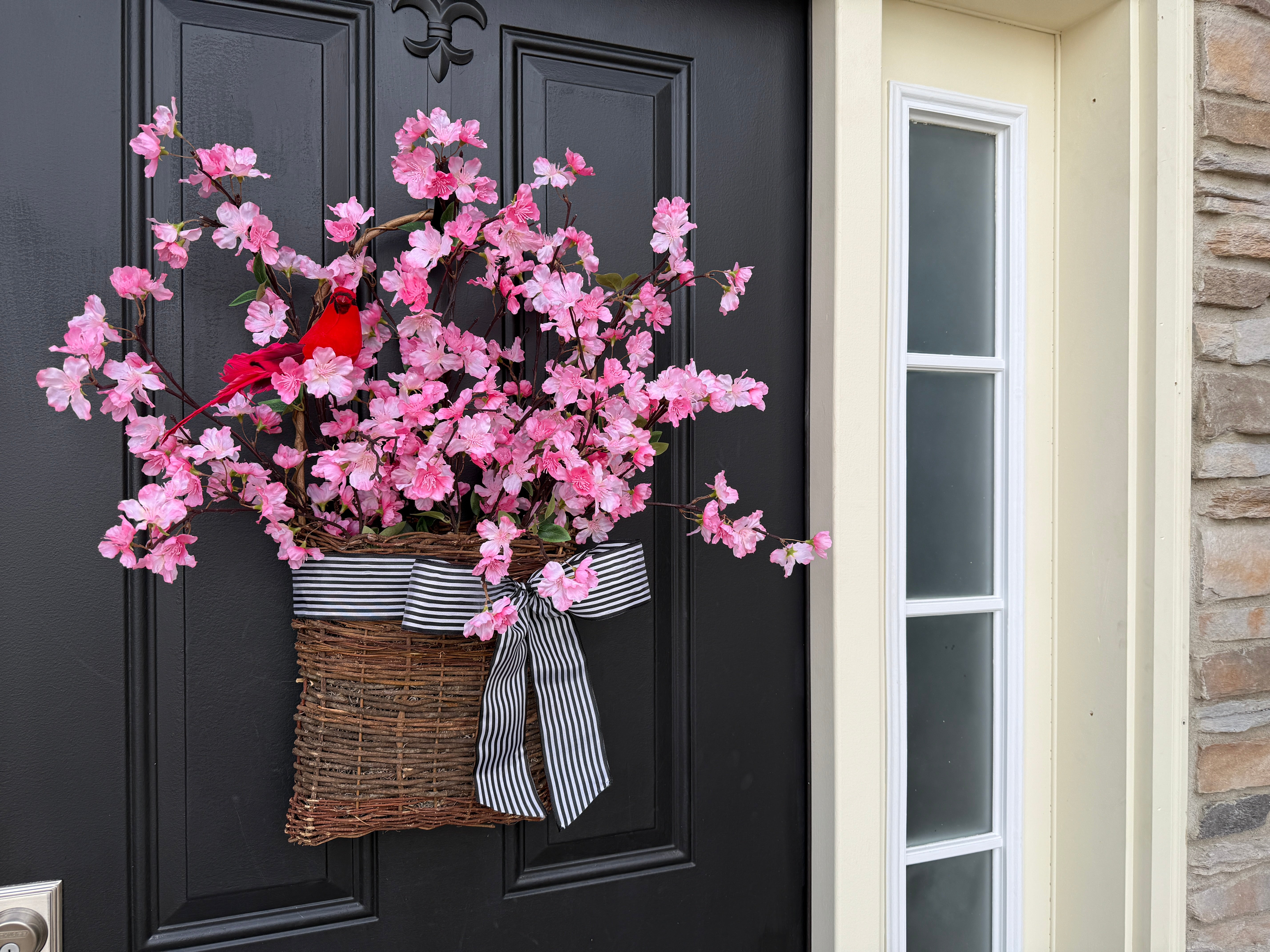 Cherry Blossoms Basket Wreath - Front Door Basket with Pink Blooms