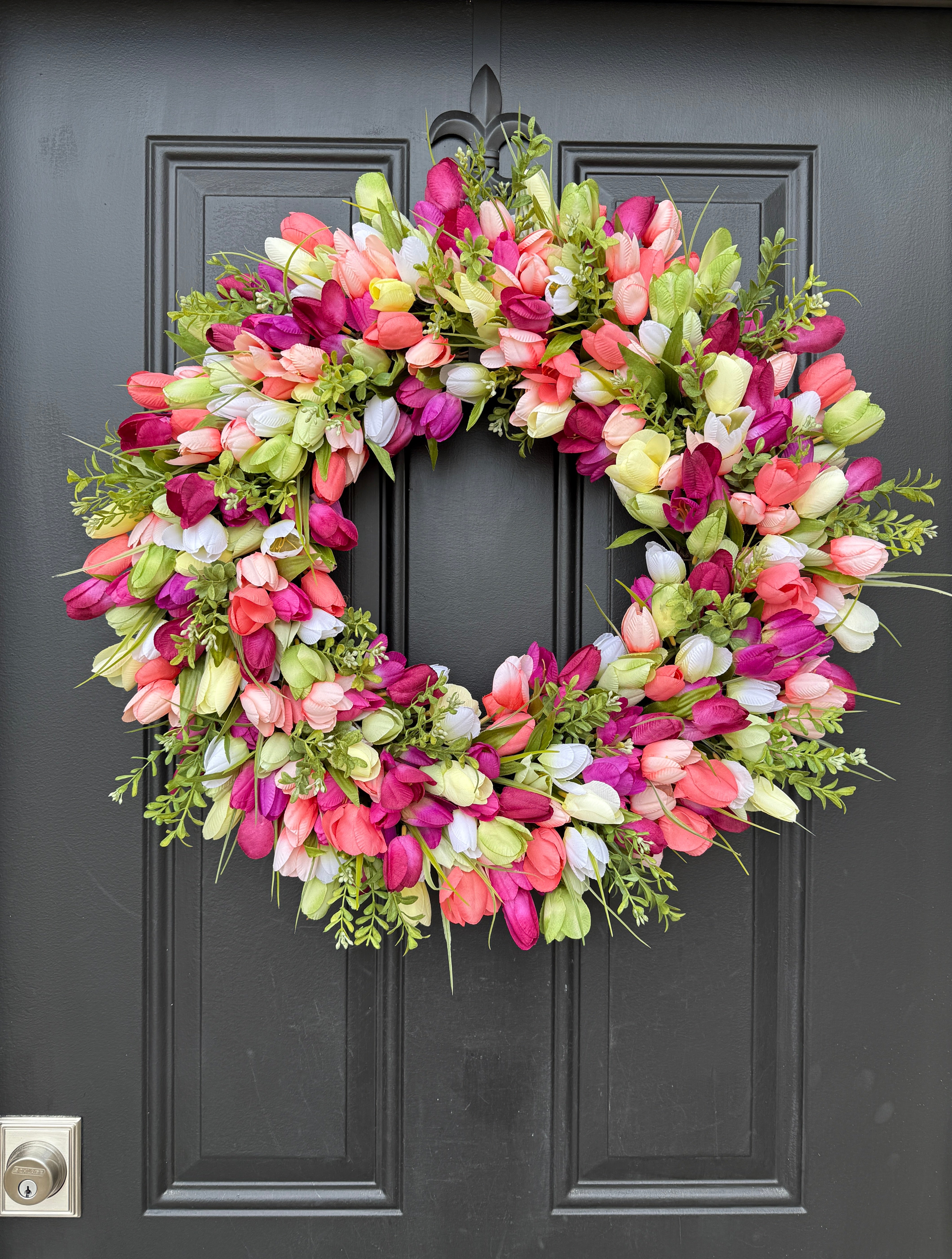 Spring Tulip Wreath with Boxwood - Easter Home Decor and Mother's Day Gifts