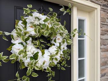 White Peony & Hydrangea Wreath with Cascading Vines – Wedding Wreath - TwoInspireYou