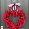 Large Weatherproof Red Berry Heart Wreath with Pink Ribbon - TwoInspireYou