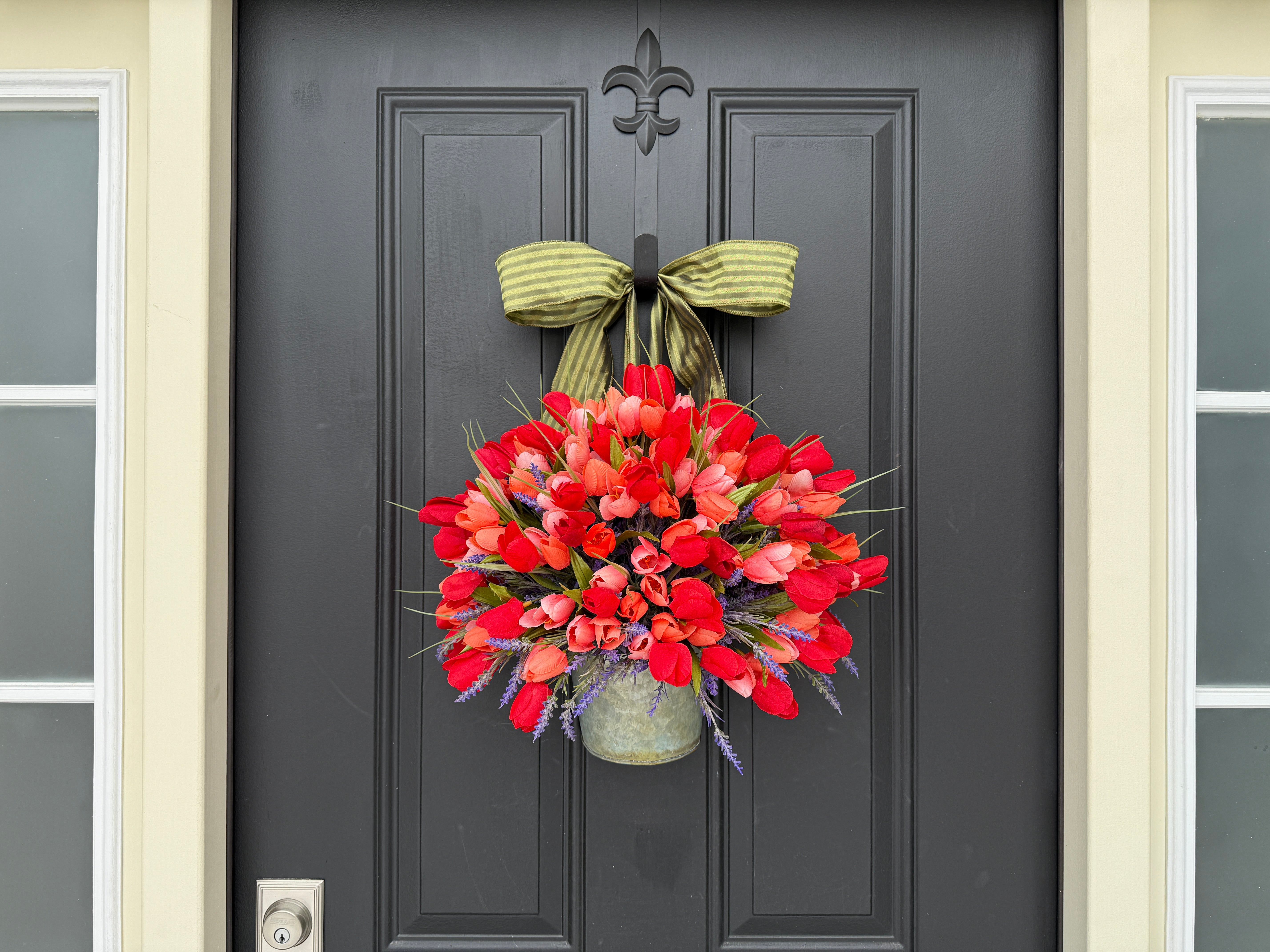 Vibrant Tulip Bucket Wreath - Front Door Tulip Decor with Lavender