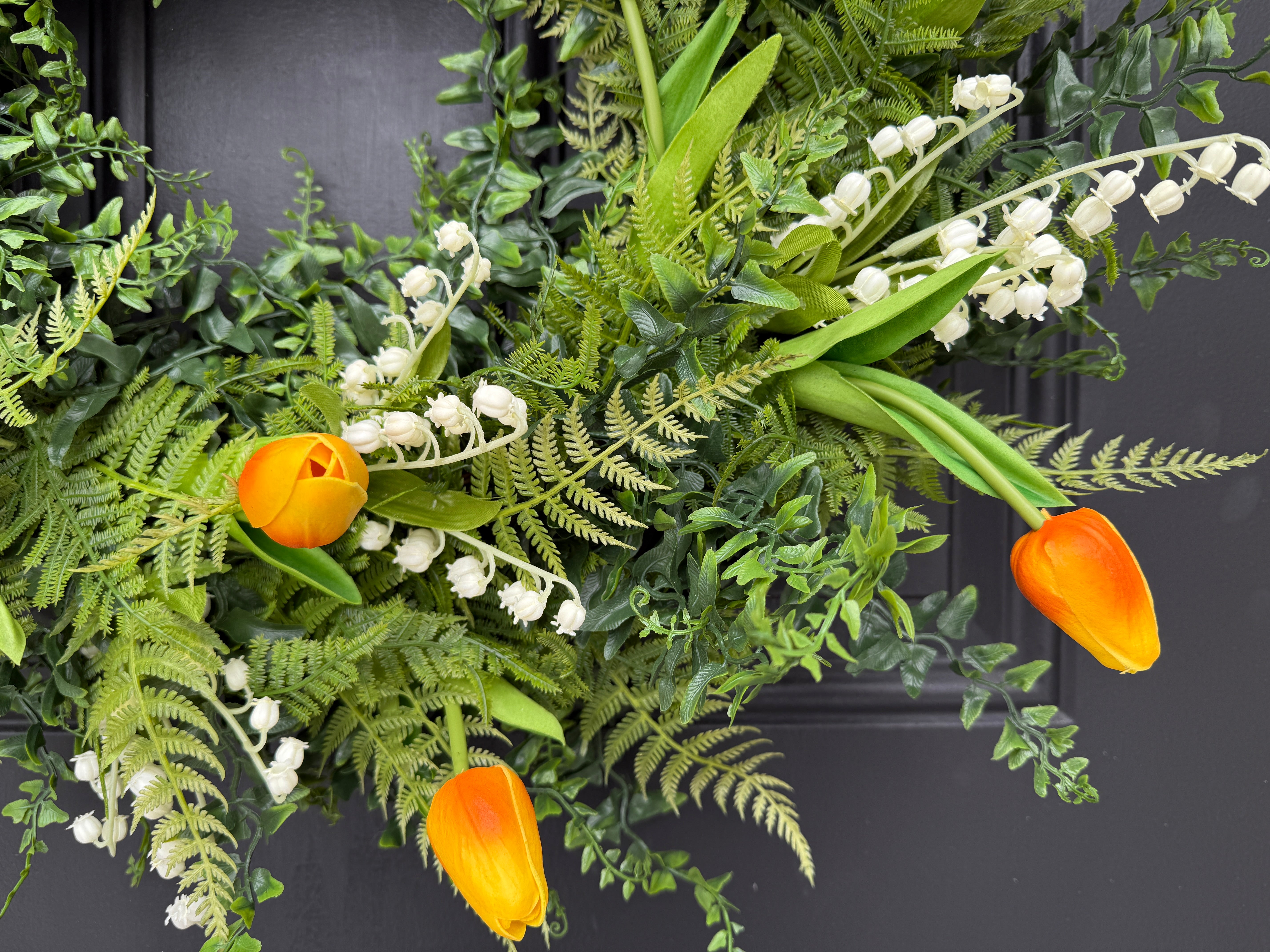 Spring Fern Wreath - Fern, Orange Tulips and Lily of the Valley Door Decoration