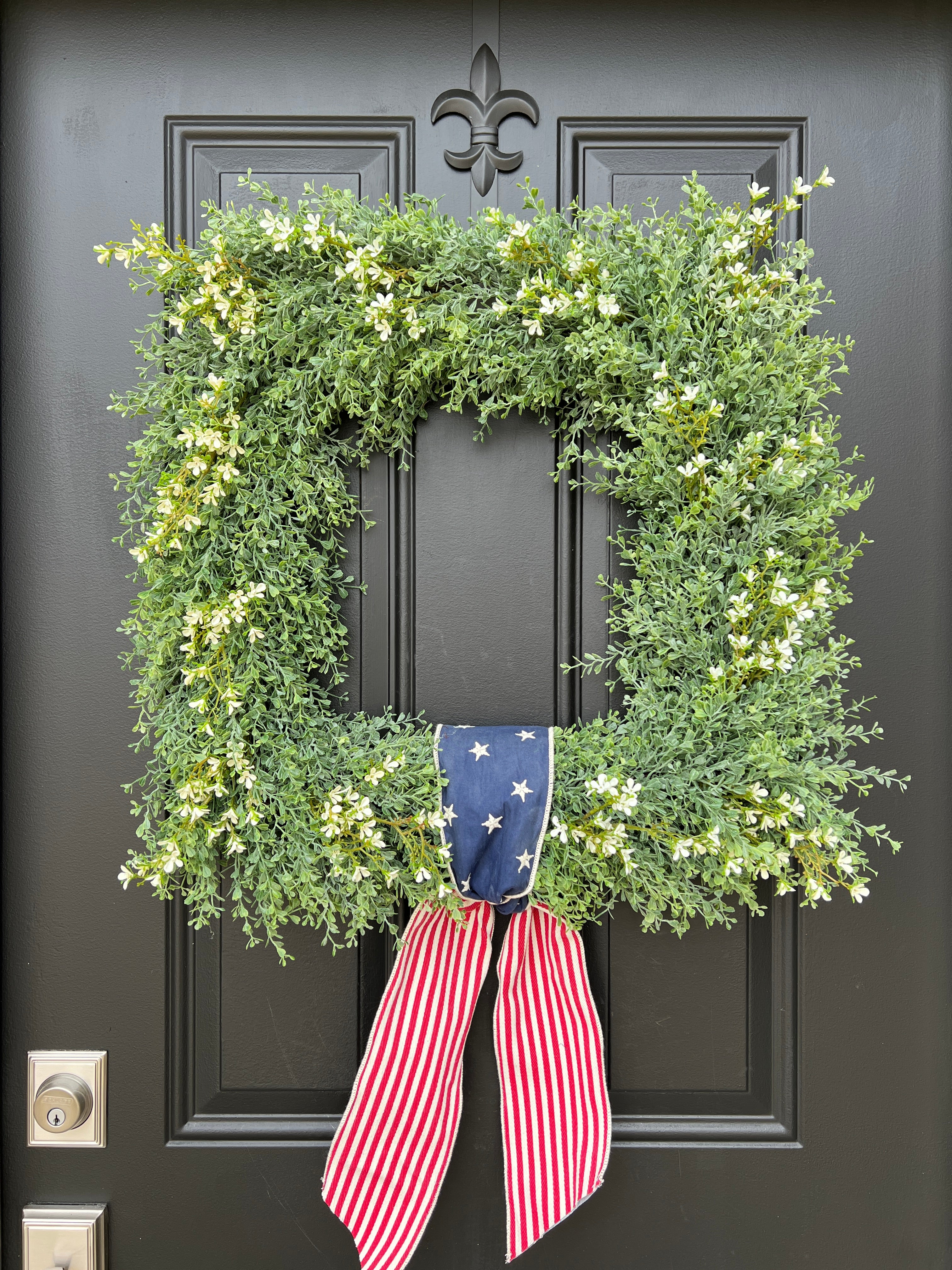 Patriotic Boxwood Square Wreath with Flag Ribbon