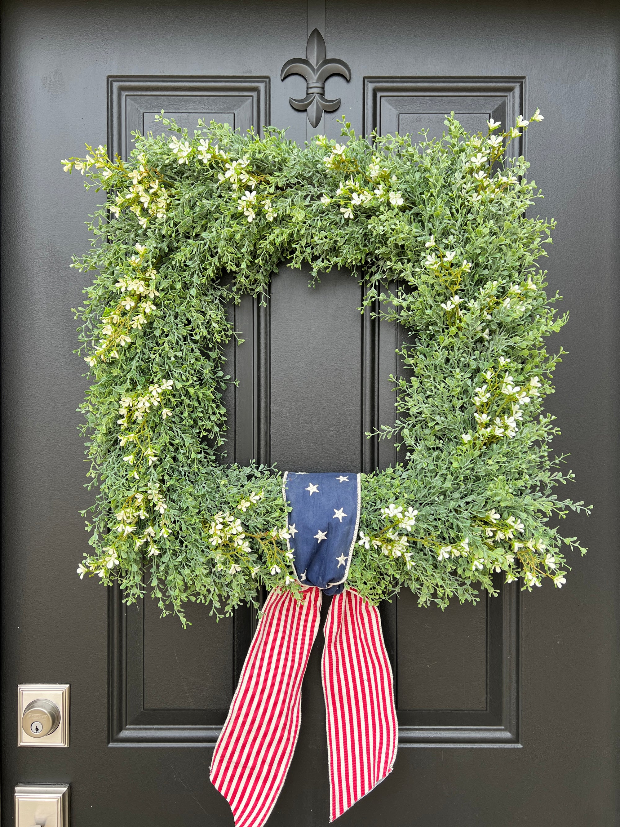 Summer Greenery Square Wreath, Patriotic Wreaths for Front Door with Flag Ribbon