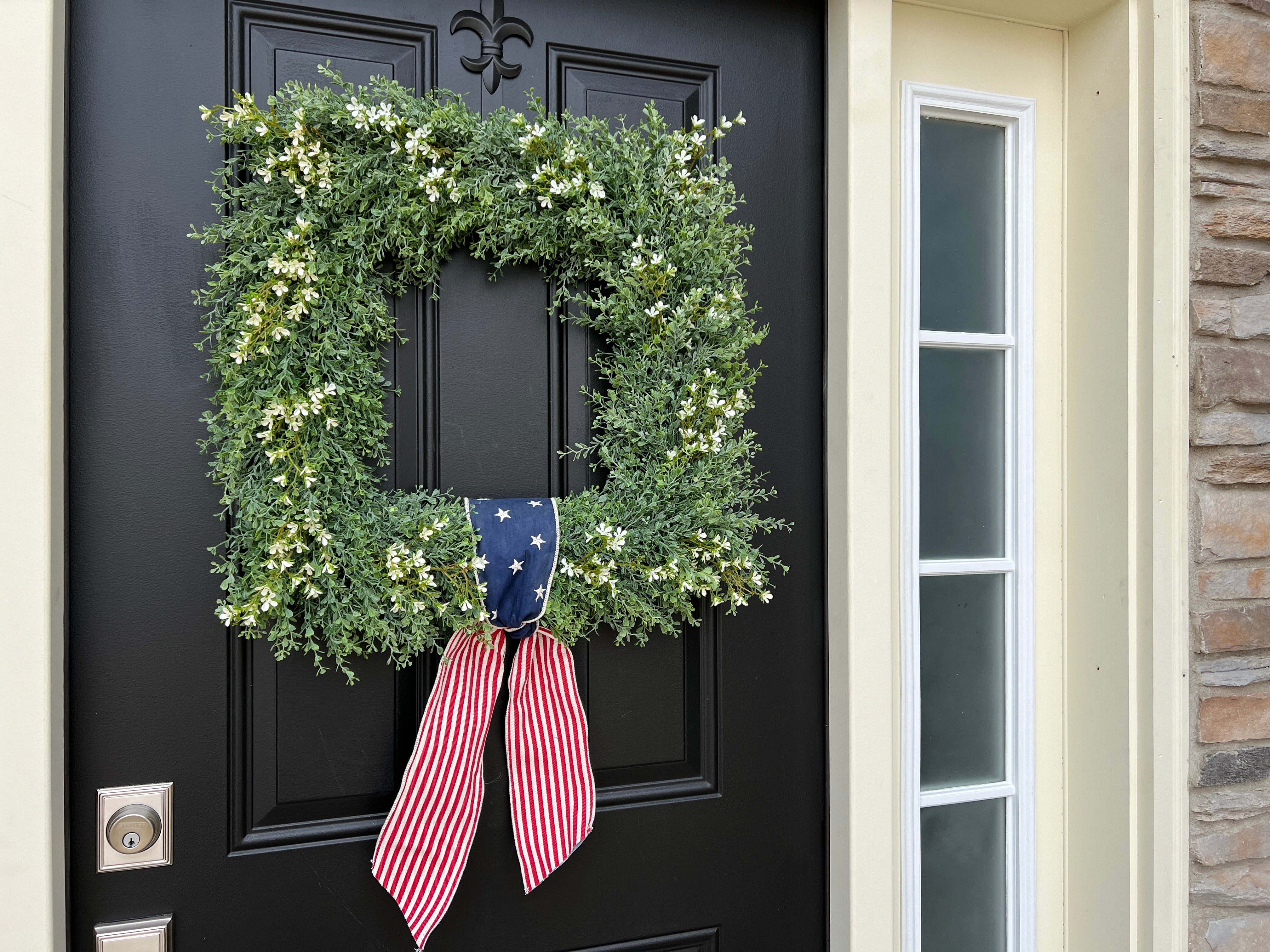 Patriotic Boxwood Square Wreath with Flag Ribbon