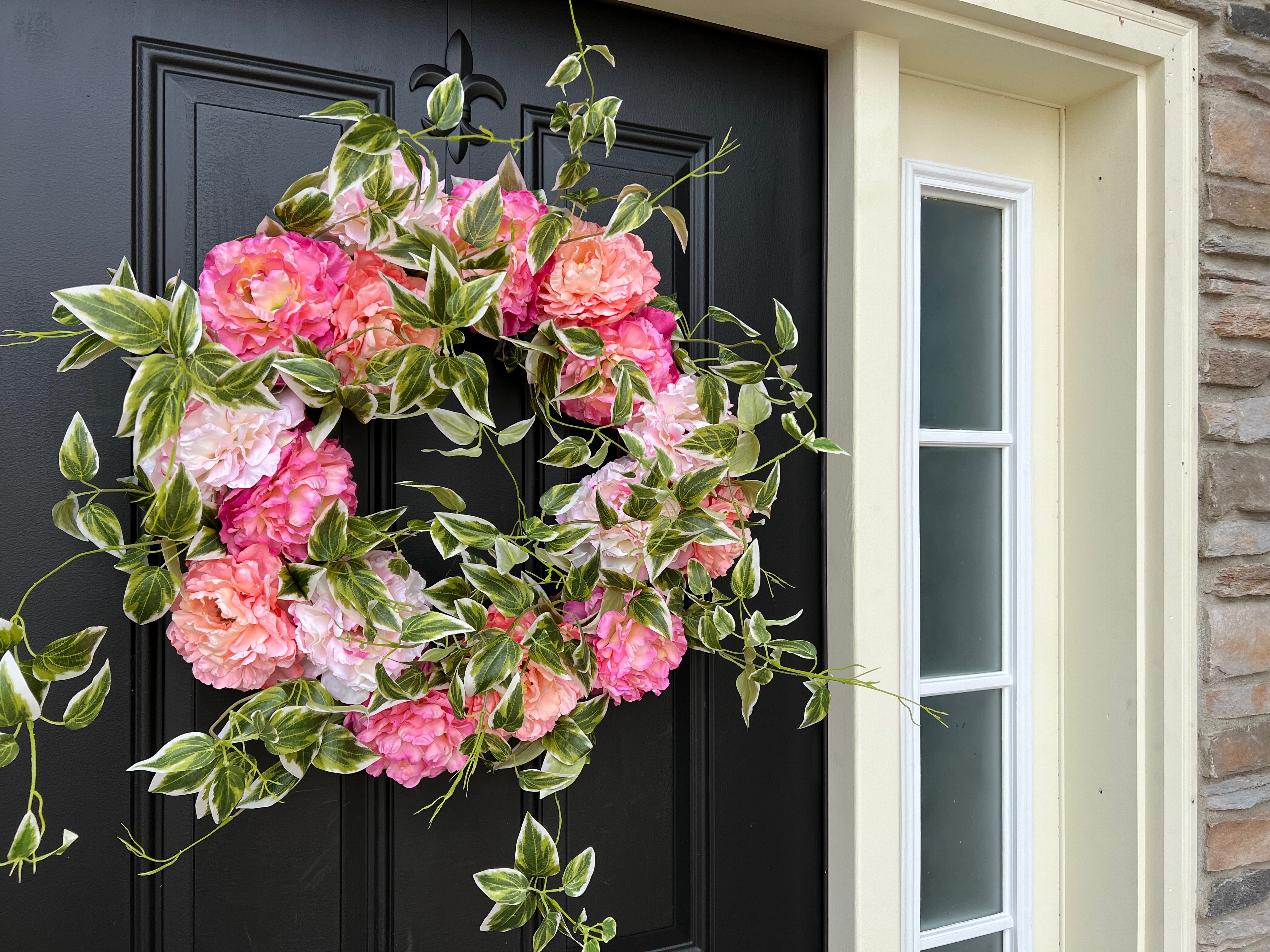 Summer Lush Pink Peony Wreath with Cascading Variegated Greenery