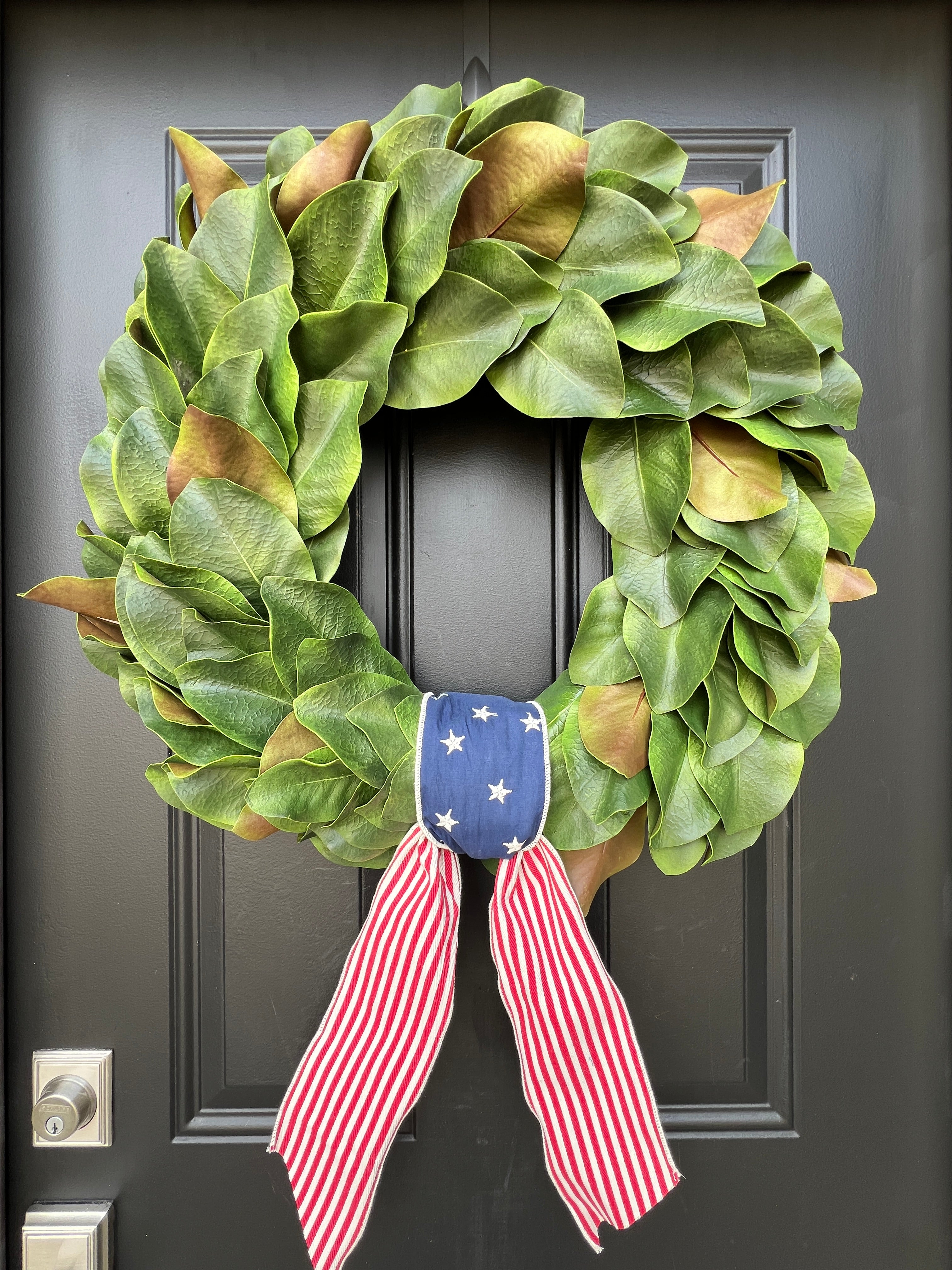 Magnolia Patriot Wreath with American Flag Ribbon