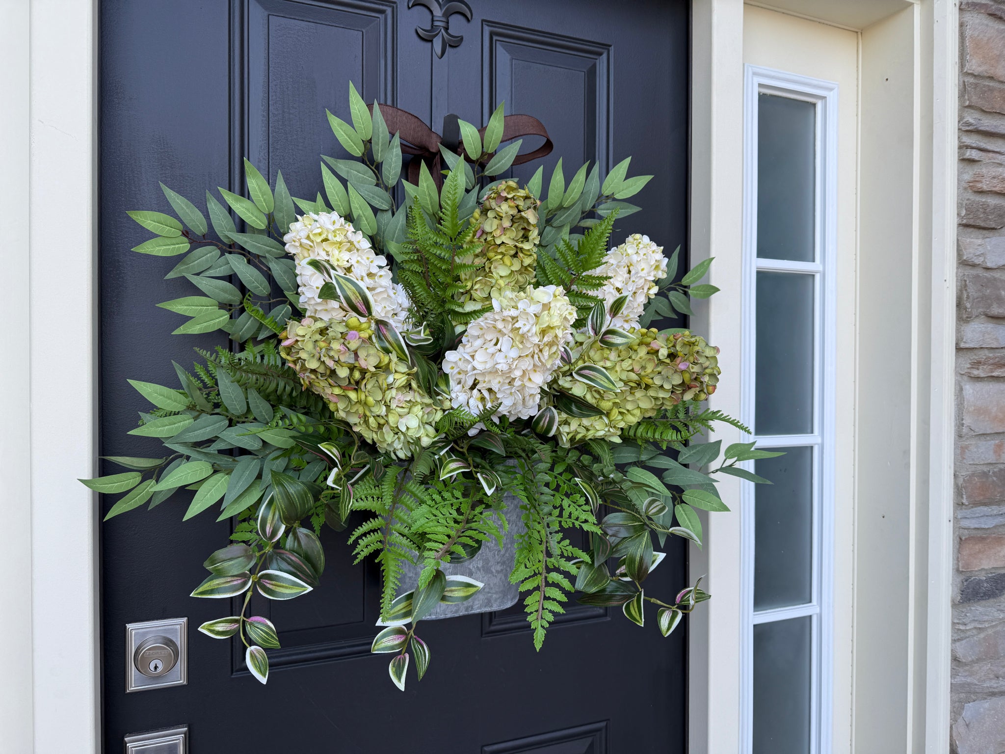 XL Green and Cream Hydrangea Door Basket for Spring - Cone Hydrangea Arrangements for Celebrations