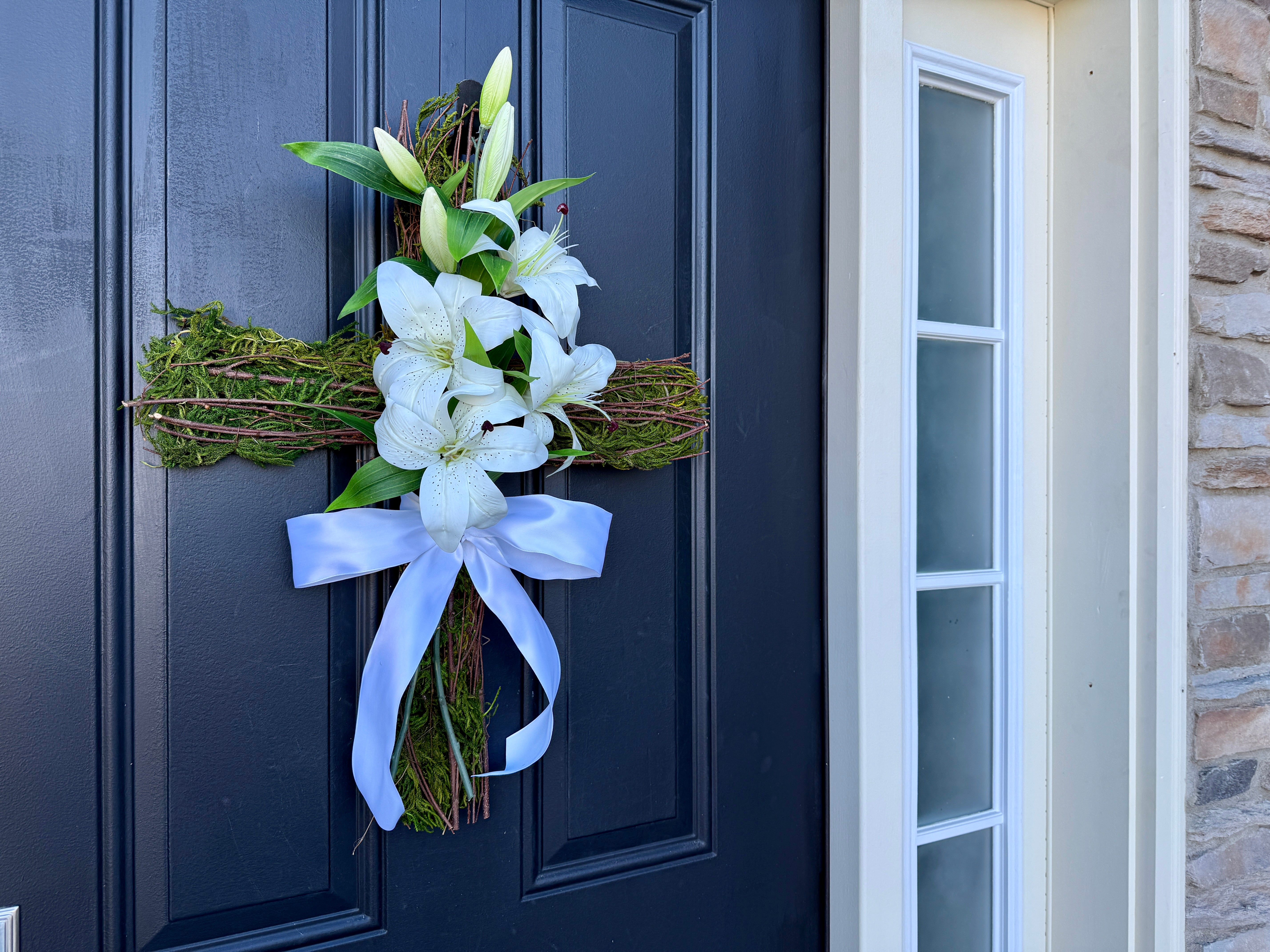 White Madonna Lily Cross Wreath for Door - White Easter Lilies