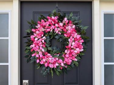 Pink Tulip Wreath with Spring Greenery – Handcrafted Door Wreath - TwoInspireYou
