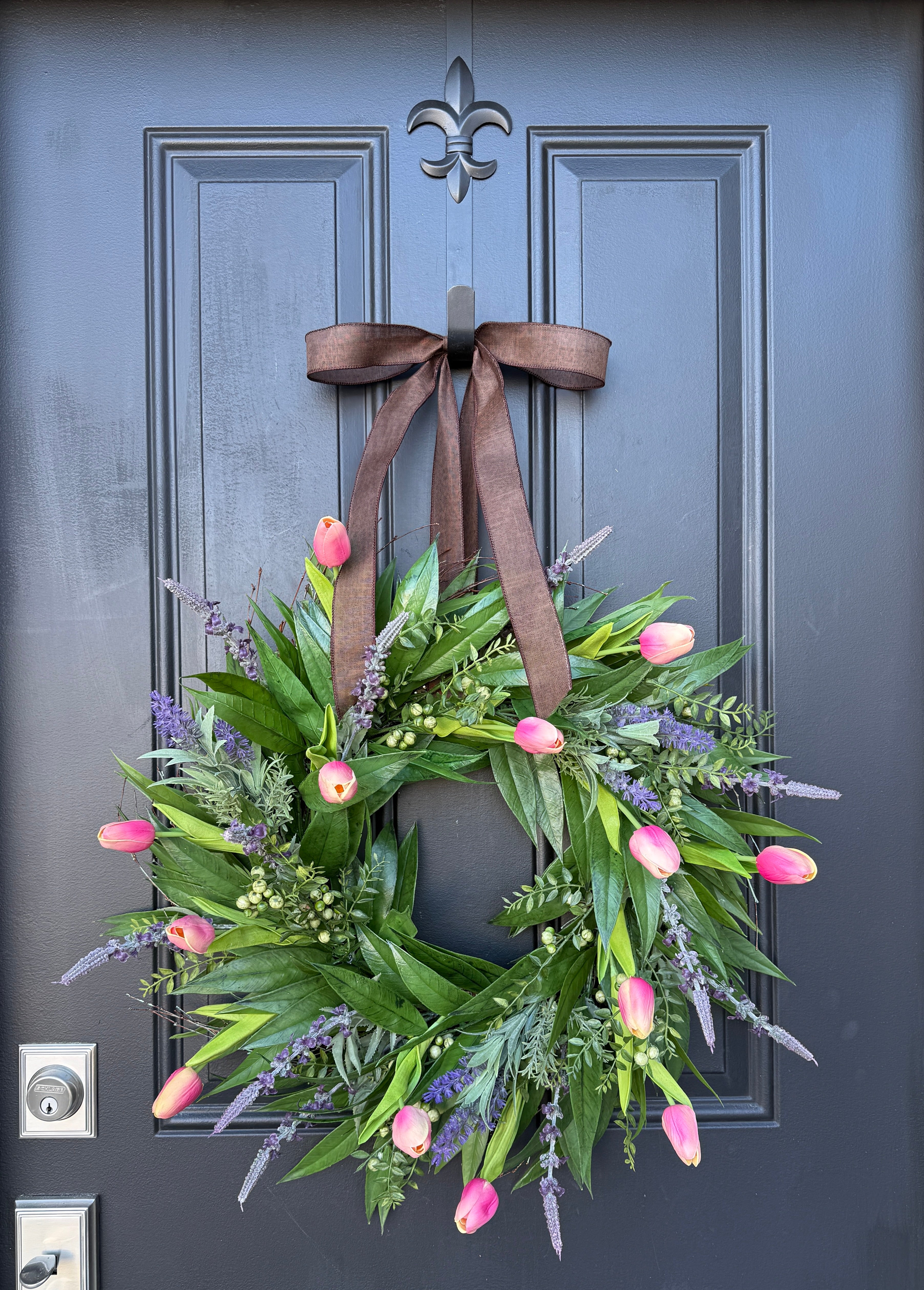 Spring and Summer Wreath with Pink Tulips and Lavender - Natural Touch Pink Tulip Wreaths