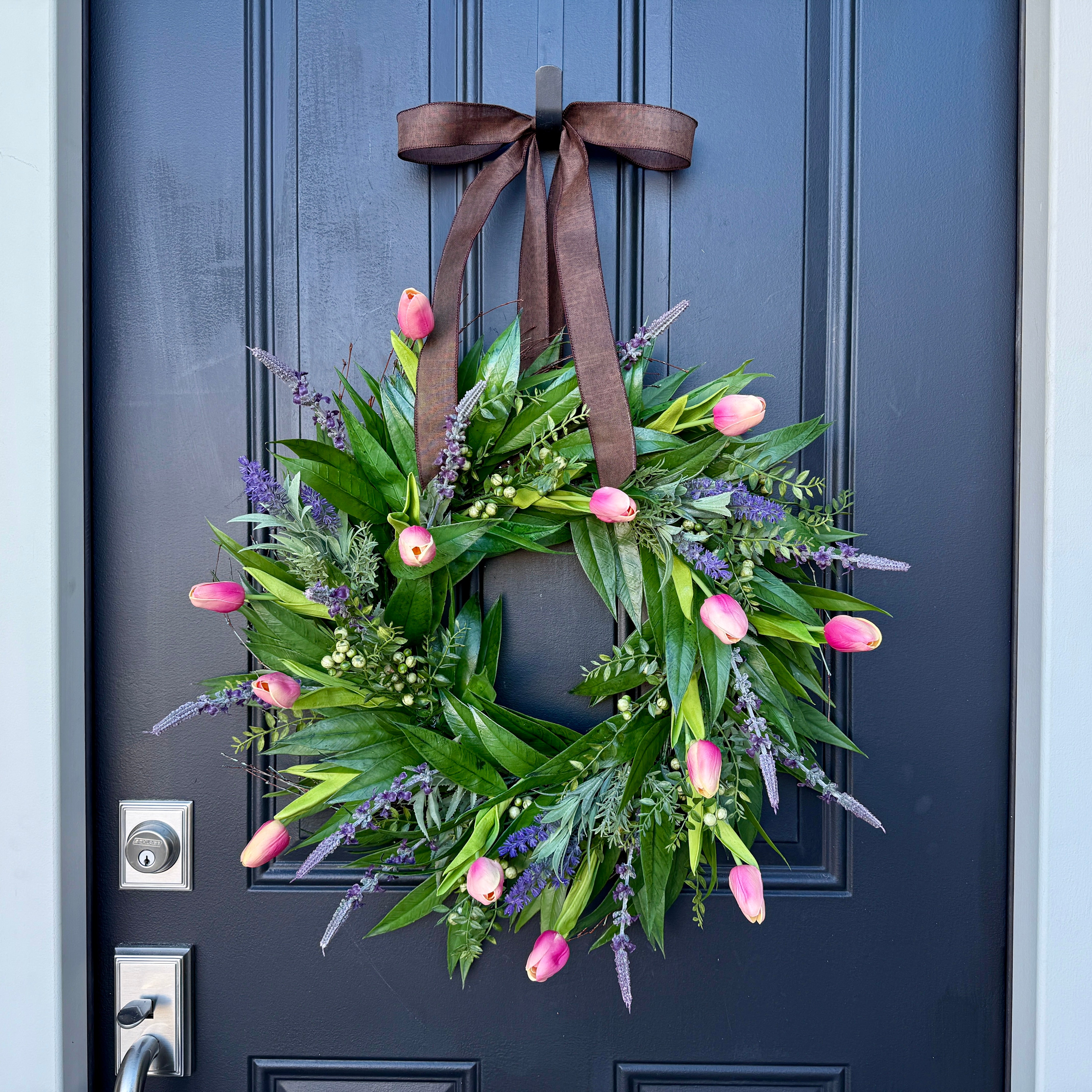 Spring and Summer Wreath with Pink Tulips and Lavender - Natural Touch Pink Tulip Wreaths