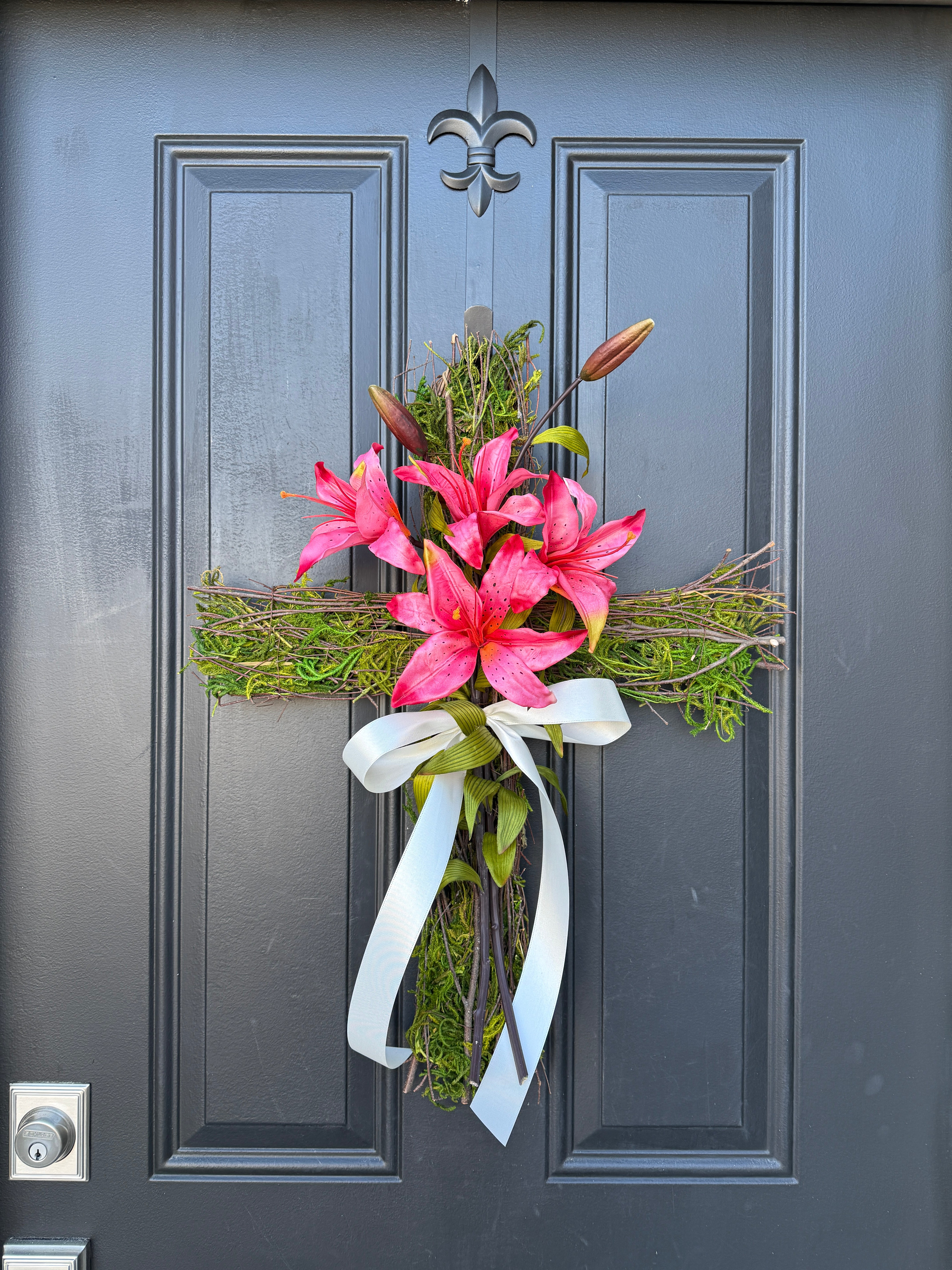 Lily Cross Wreath for Front Door - Pink Lilies for First Communion and Easter