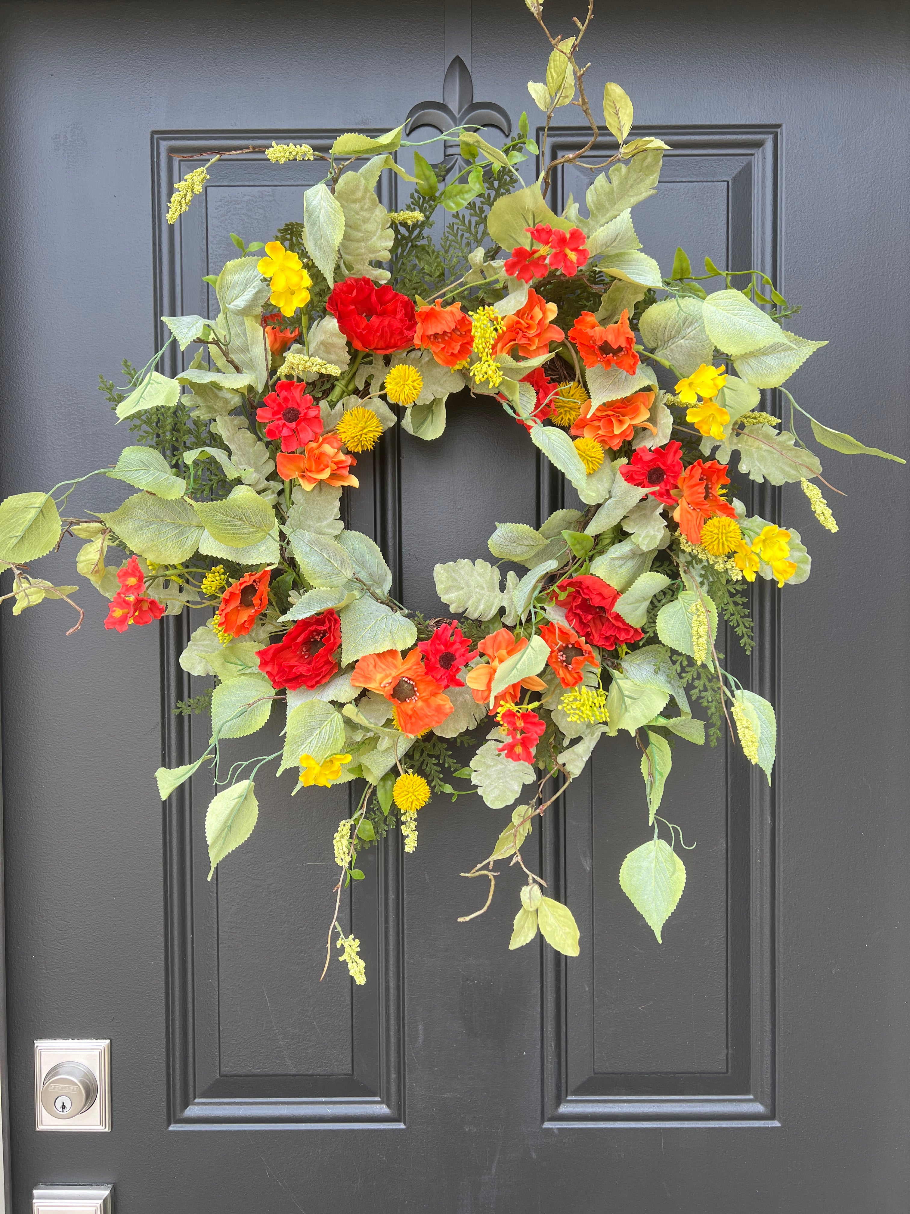Orange and Red Poppy Wreath, Vibrant Colored Flowers Front Door Wreath