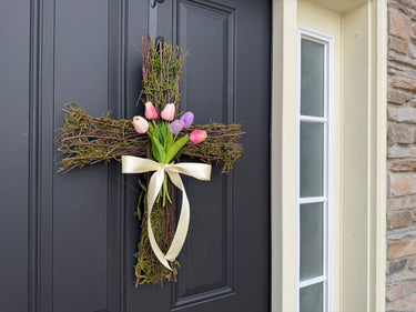 Natural Moss Easter Cross with Pink & Purple Tulips - TwoInspireYou