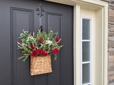 Red Geranium Door Basket with Blueberries | Spring Summer Water Hyacinth Basket Wreath - TwoInspireYou