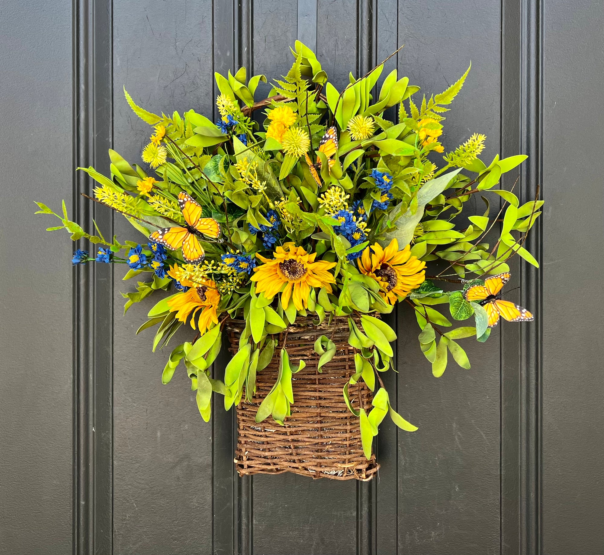 Faux Sunflower Basket, Blue and Yellow Flower Basket for Door