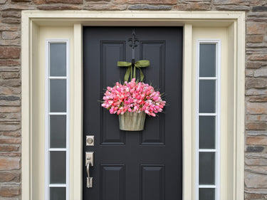 Peach and Pink Tulip Bucket Wreath - Spring Tulips for Front Door and Mother's Day - TwoInspireYou