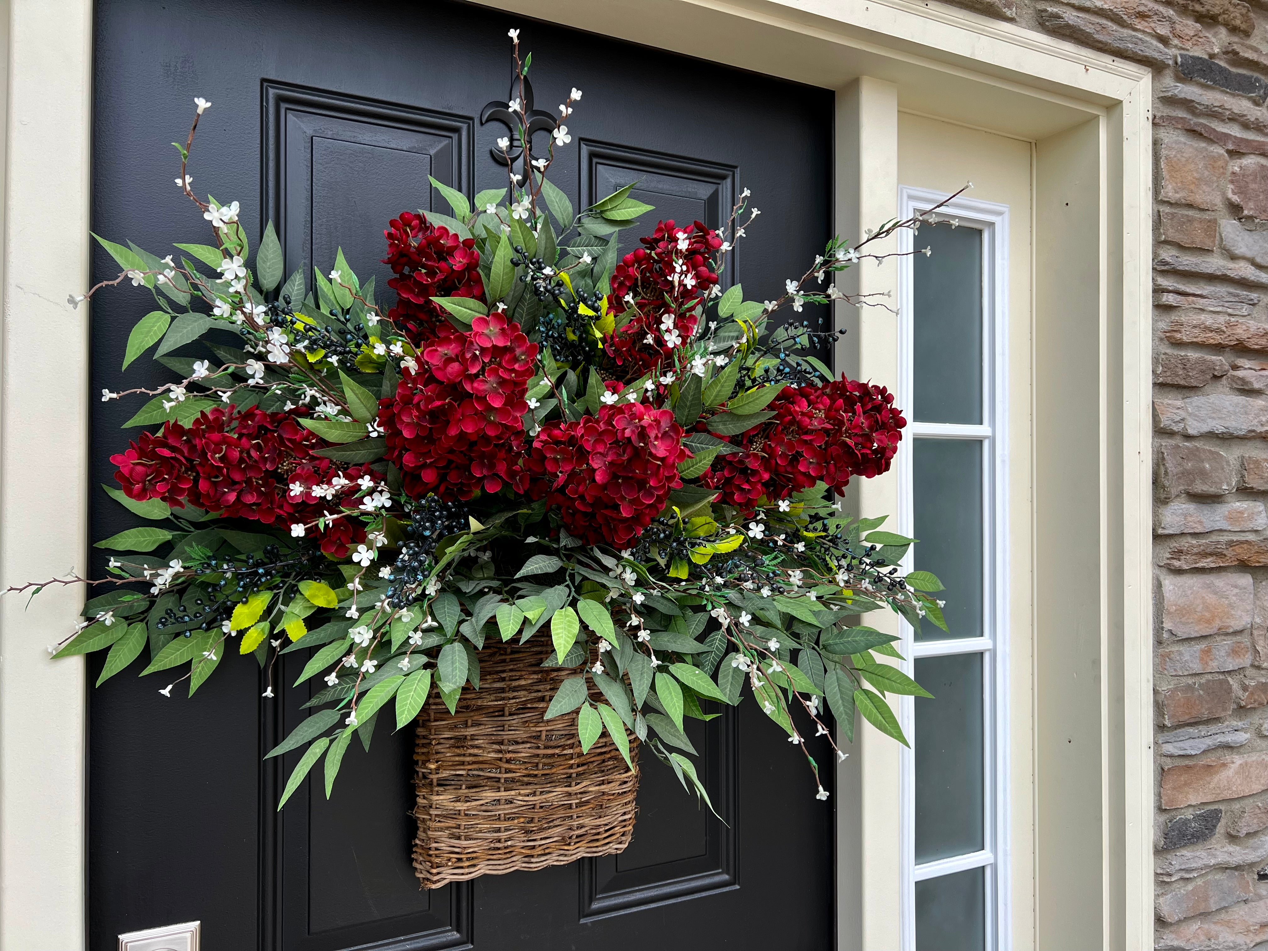 Red Hydrangea Patriotic Door Basket with American Flag