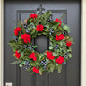 Red Geranium and Magnolia Wreath with Fern and Blueberries - TwoInspireYou