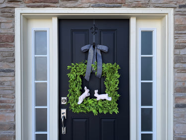 Square Green Boxwood Wreath with Pink Bunnies - Handcrafted Spring Decor - TwoInspireYou