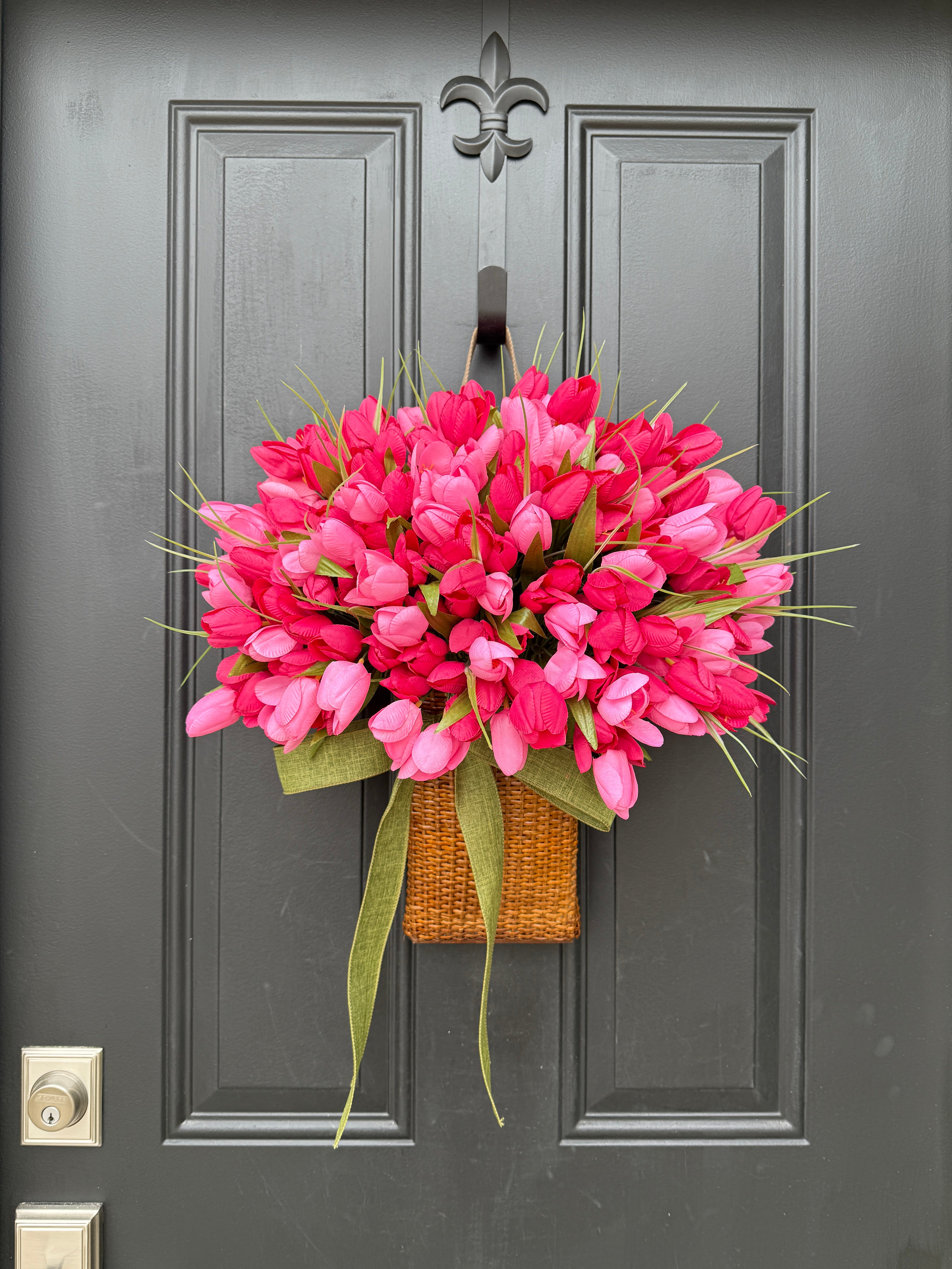 Front Door Tulip Basket for Spring - Pretty Pink Tulip Basket for Mother's Day Gift Giving