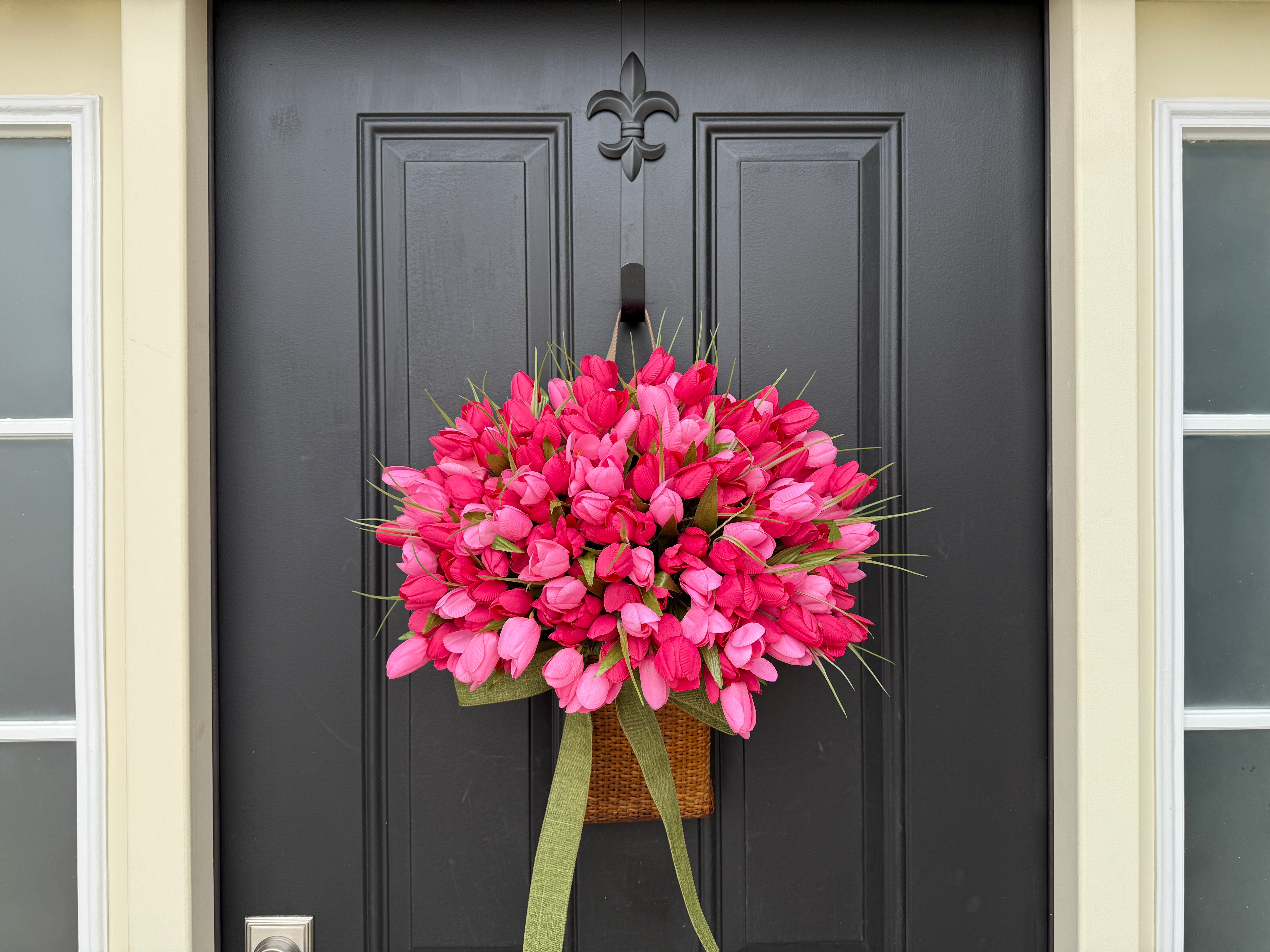 Front Door Tulip Basket for Spring - Pretty Pink Tulip Basket for Mother's Day Gift Giving