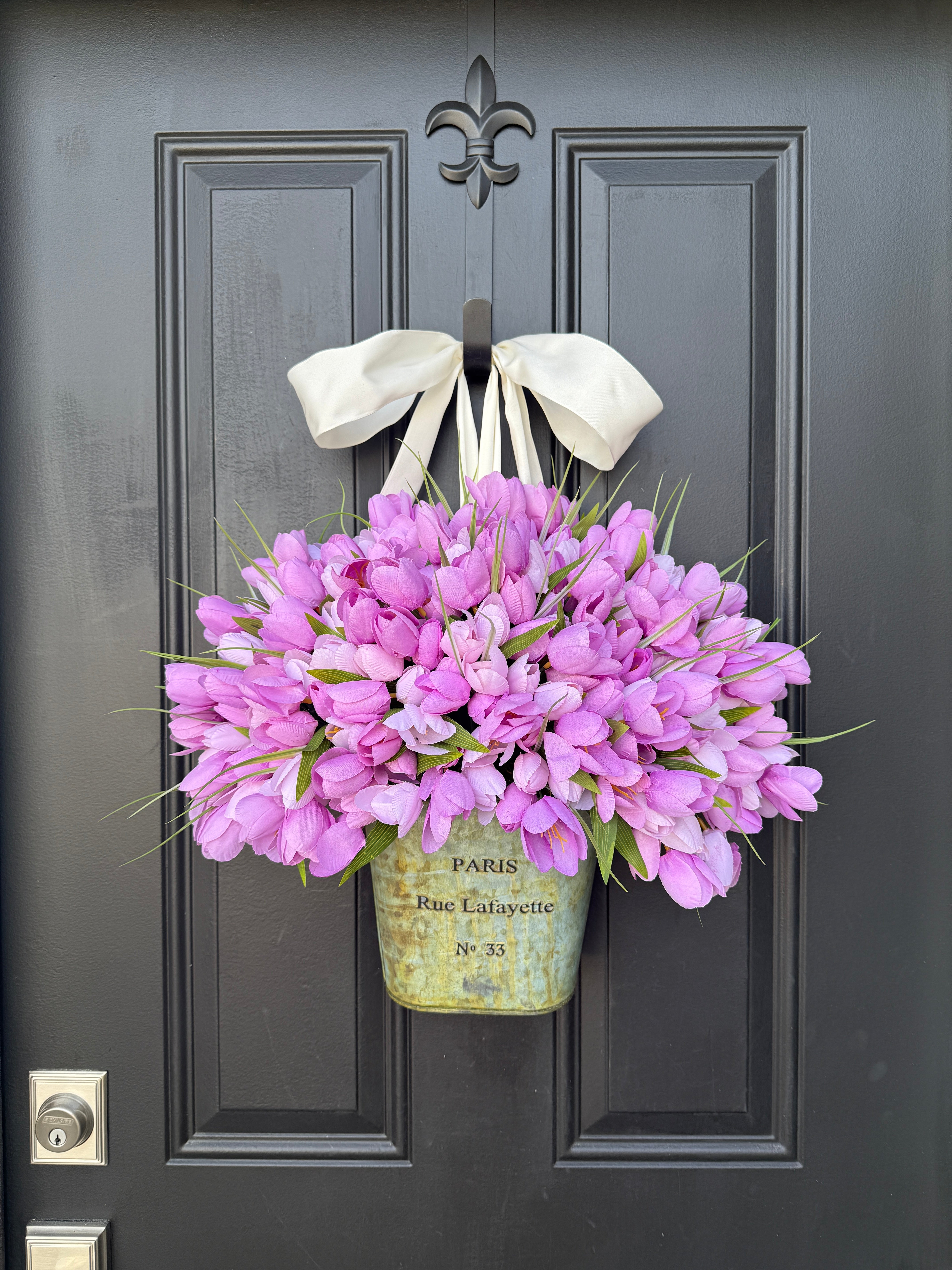 Lavender Tulips Bucket Wreath - Front Door Bucket of Tulips for Spring